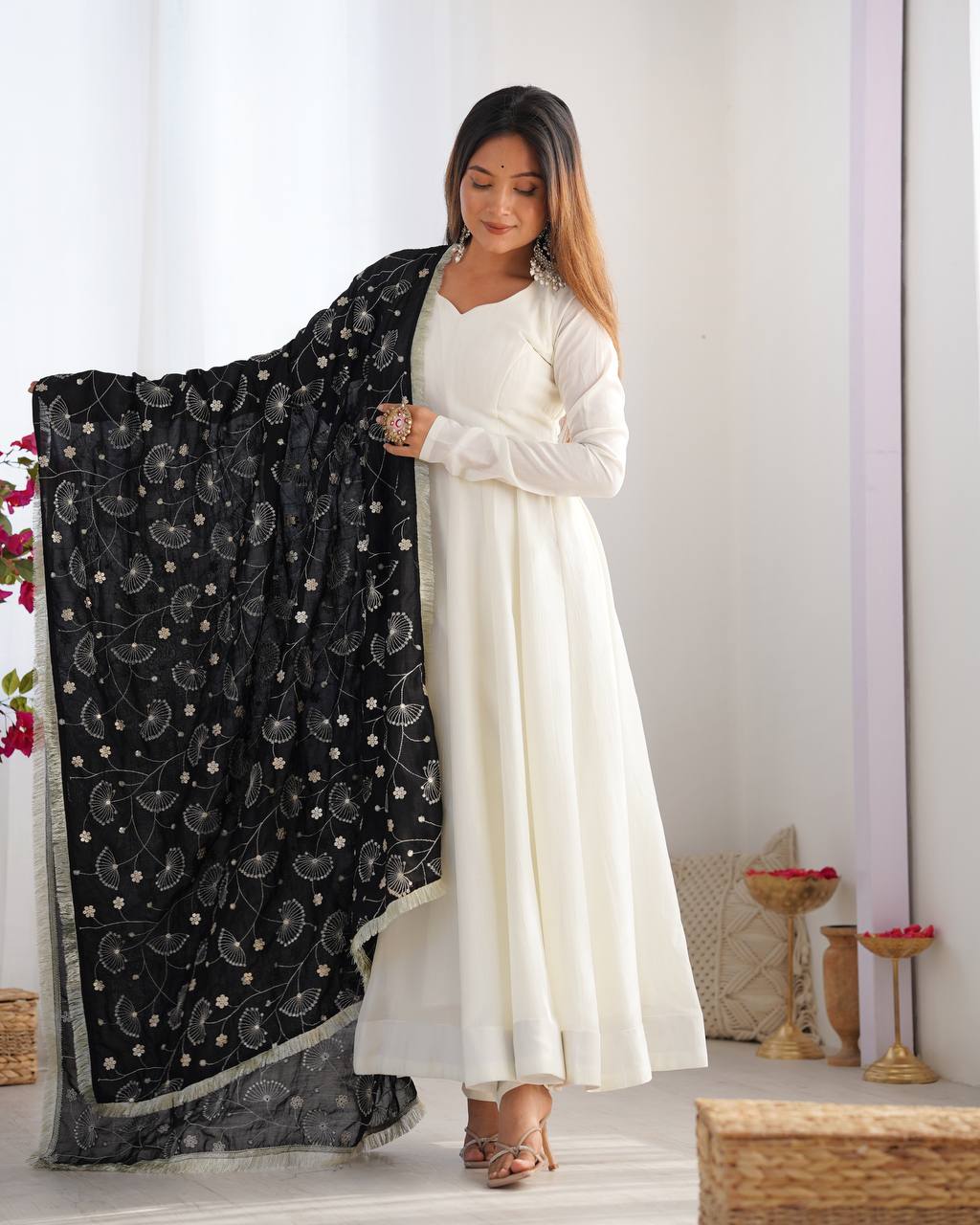 LUXE CHANDERI SILK FULL FLAIR ANARKALI WITH STYLISH PANT & DUPATTA – PREMIUM EDITION
