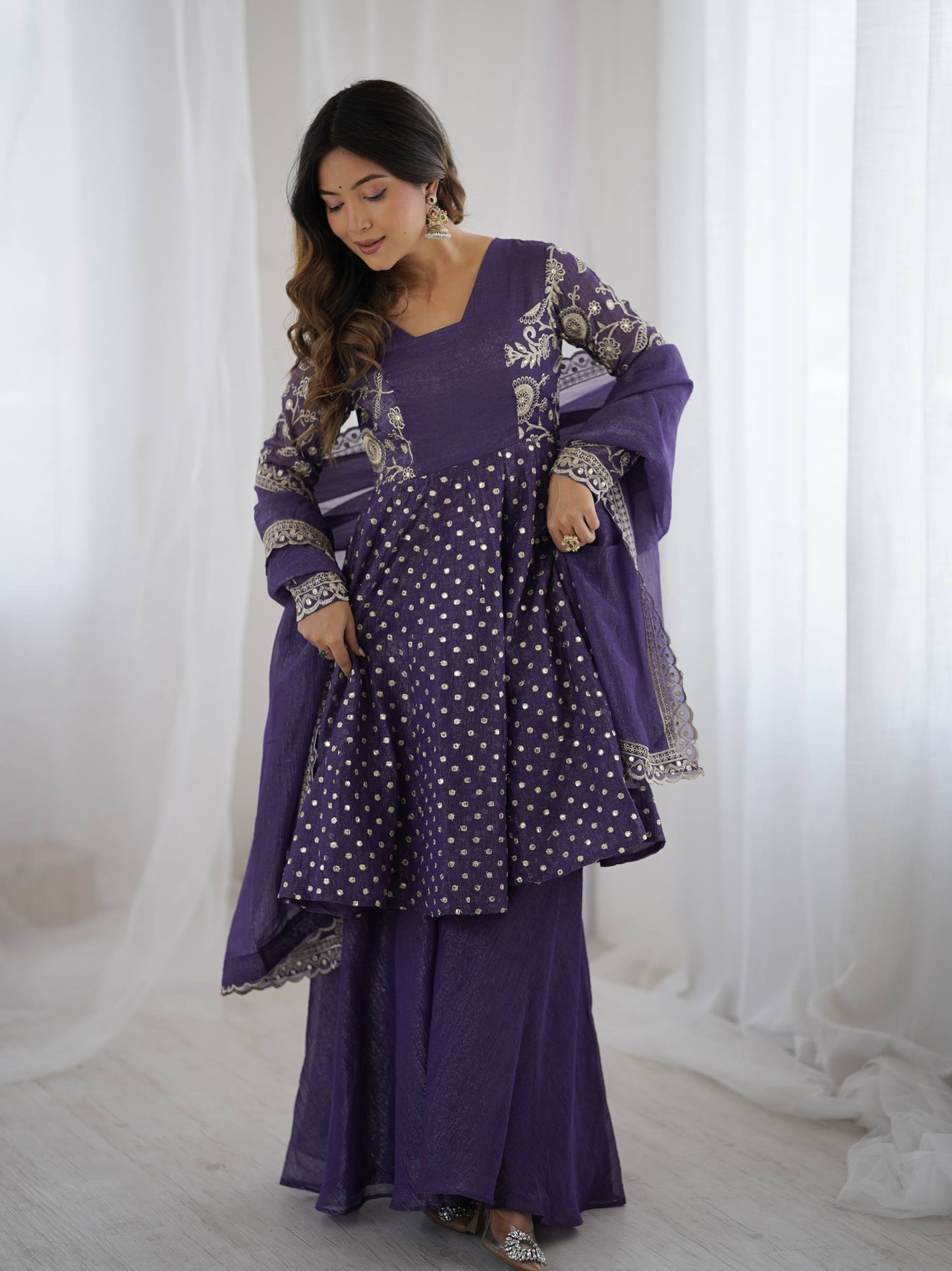 Navy blue crunchy silk embroidery sequence work fully stitched & ready to wear