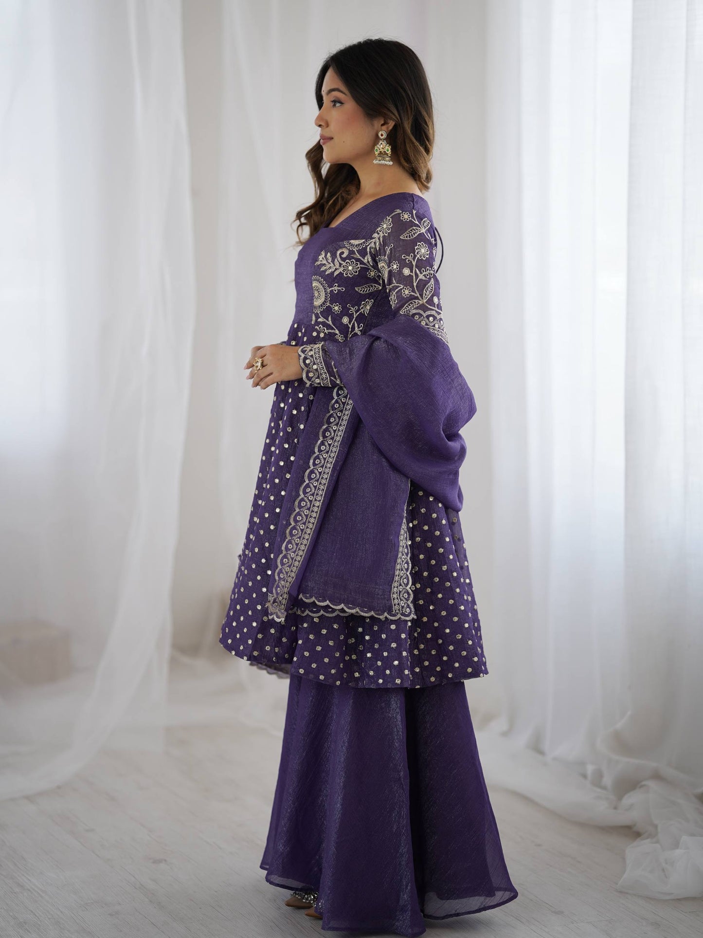 Navy blue crunchy silk embroidery sequence work fully stitched & ready to wear