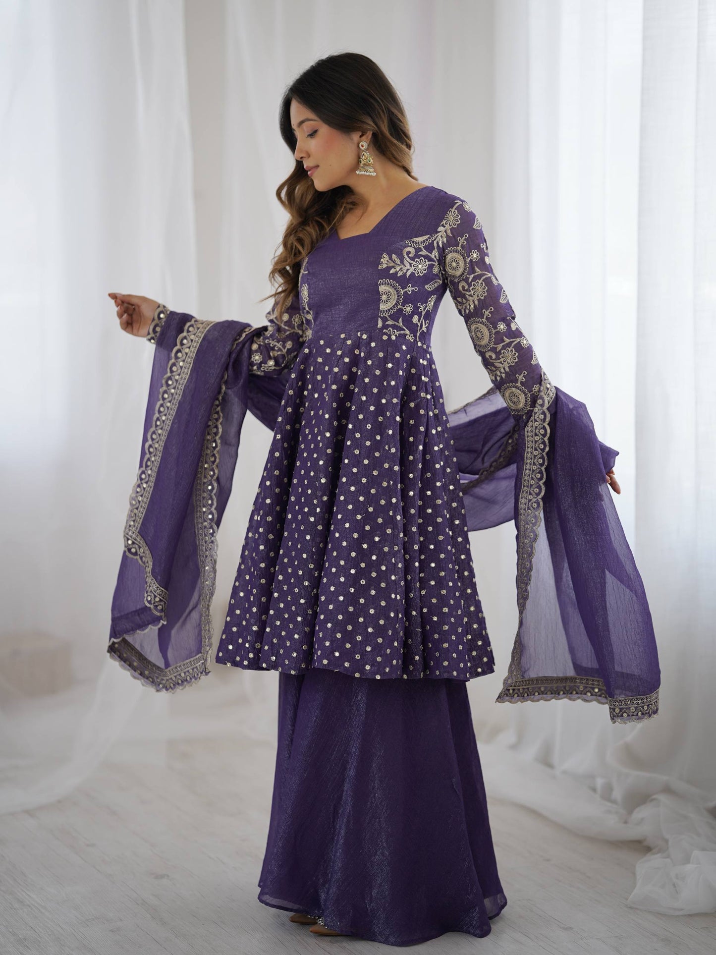 Navy blue crunchy silk embroidery sequence work fully stitched & ready to wear
