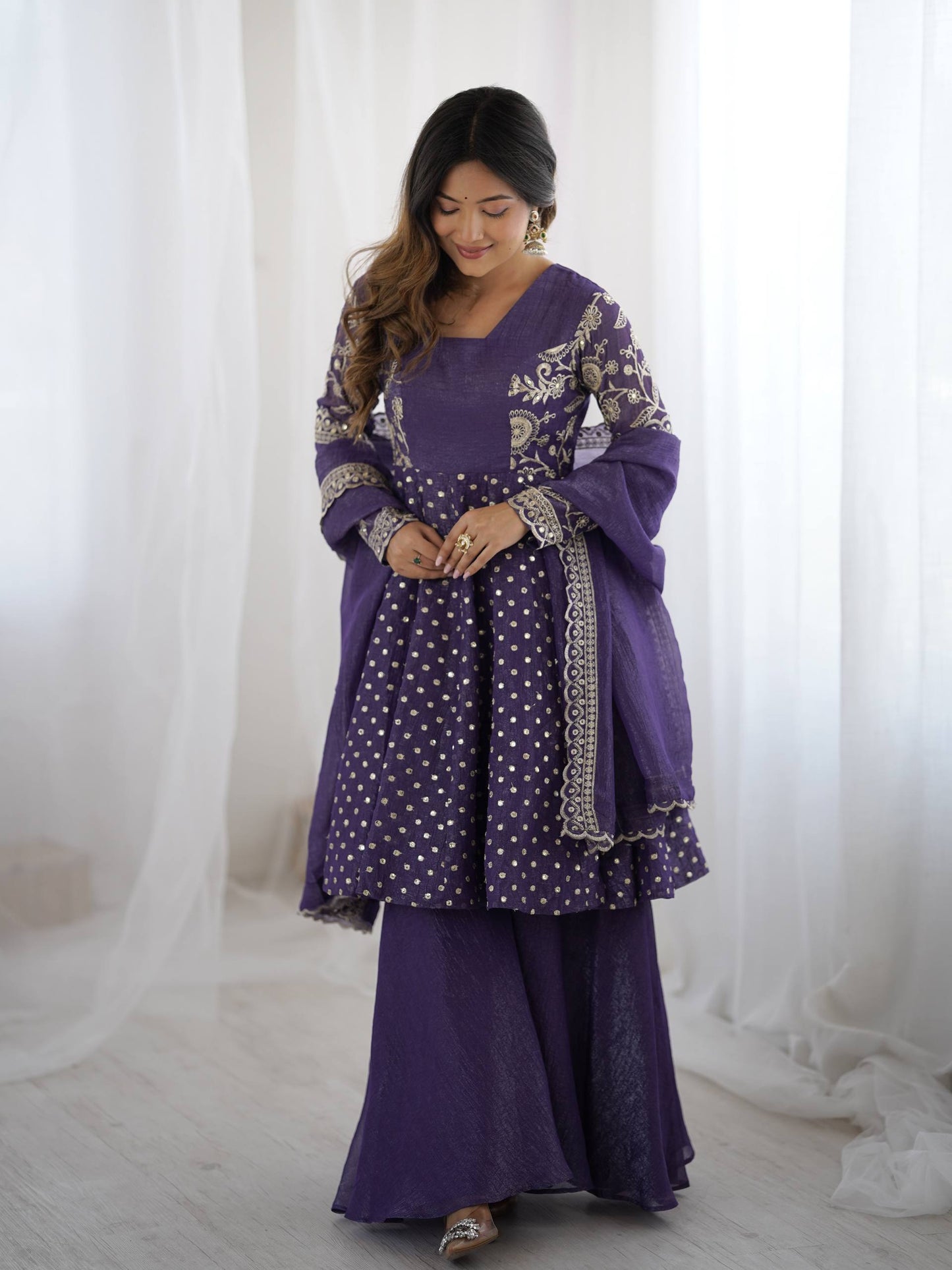 Navy blue crunchy silk embroidery sequence work fully stitched & ready to wear