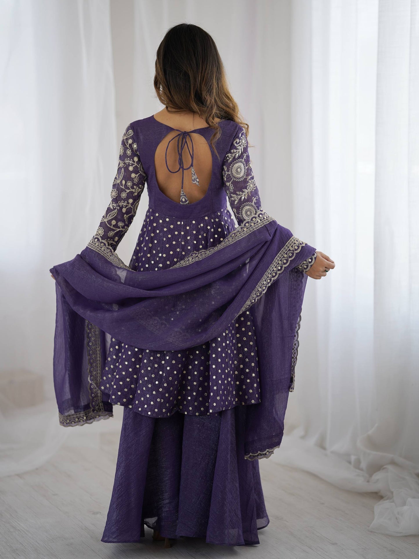 Navy blue crunchy silk embroidery sequence work fully stitched & ready to wear
