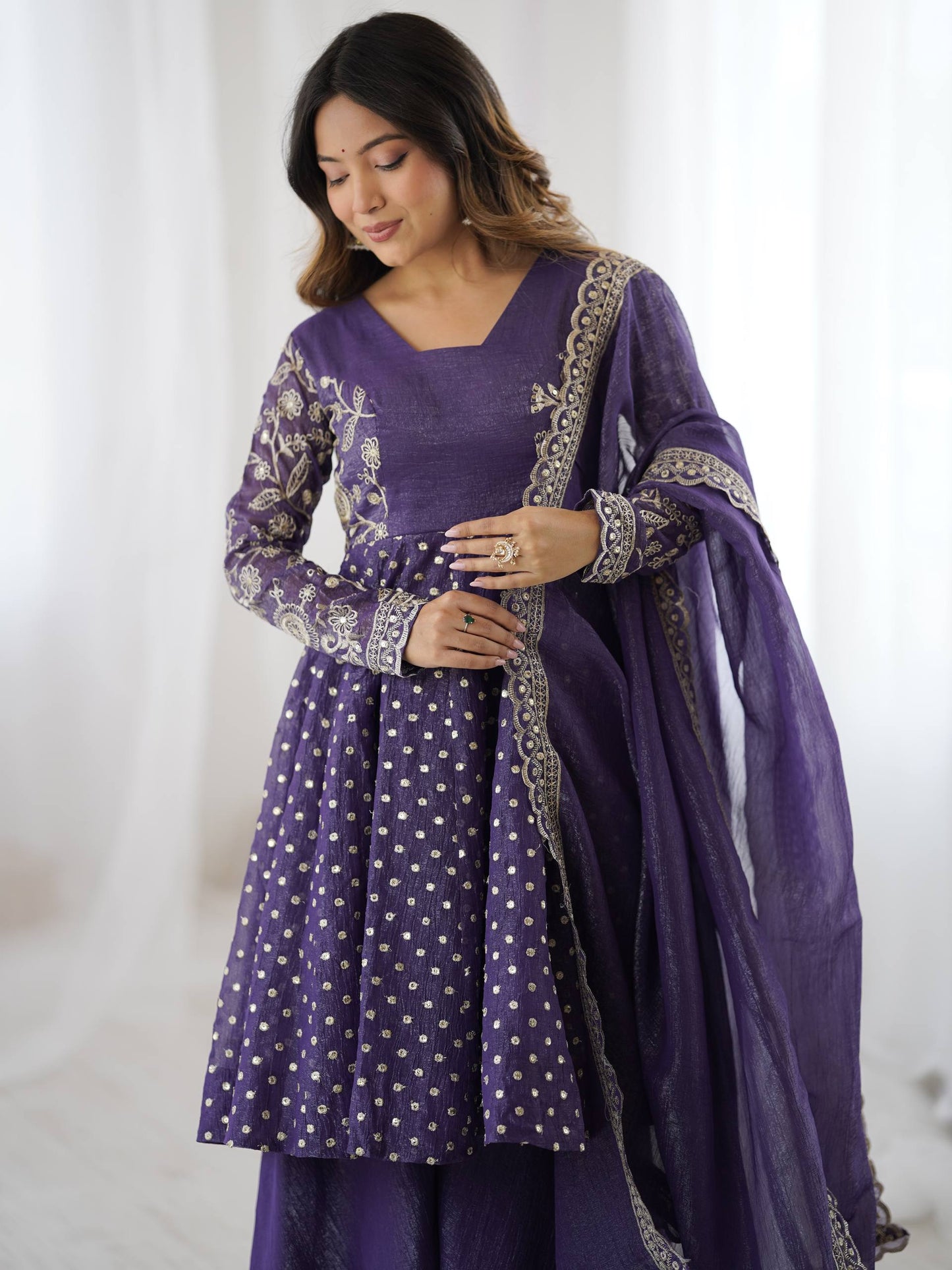 Navy blue crunchy silk embroidery sequence work fully stitched & ready to wear