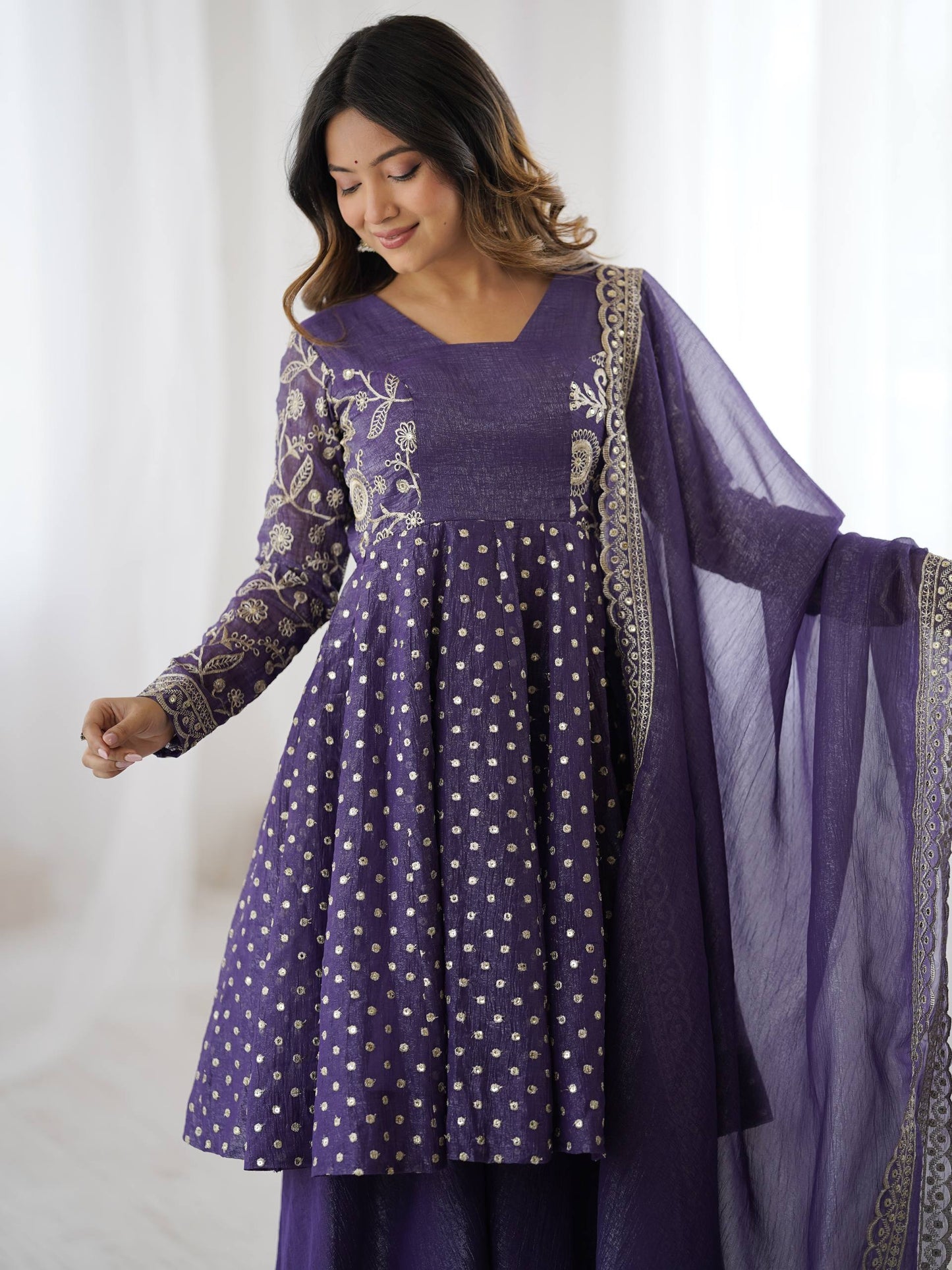 Navy blue crunchy silk embroidery sequence work fully stitched & ready to wear