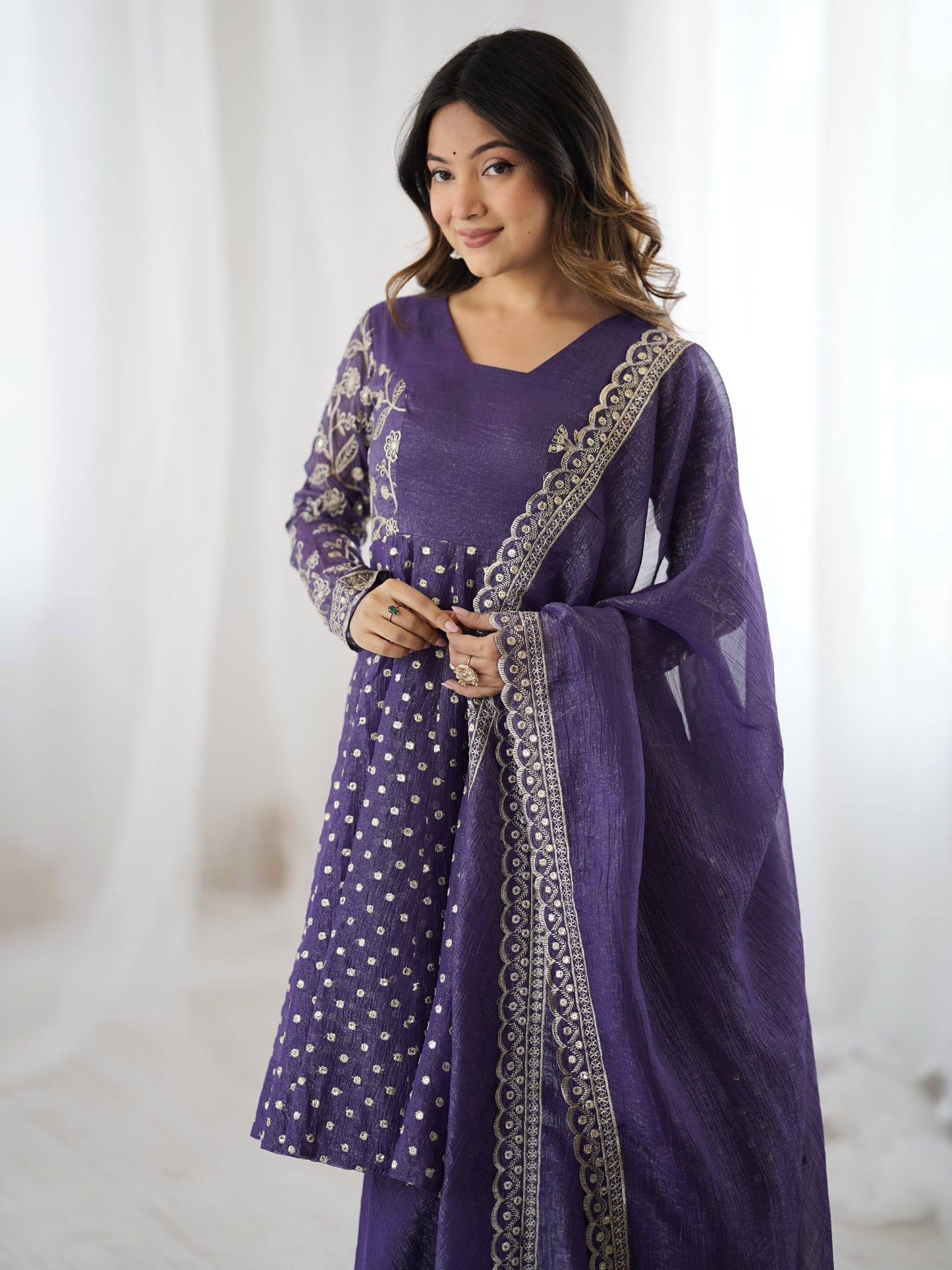 Navy blue crunchy silk embroidery sequence work fully stitched & ready to wear