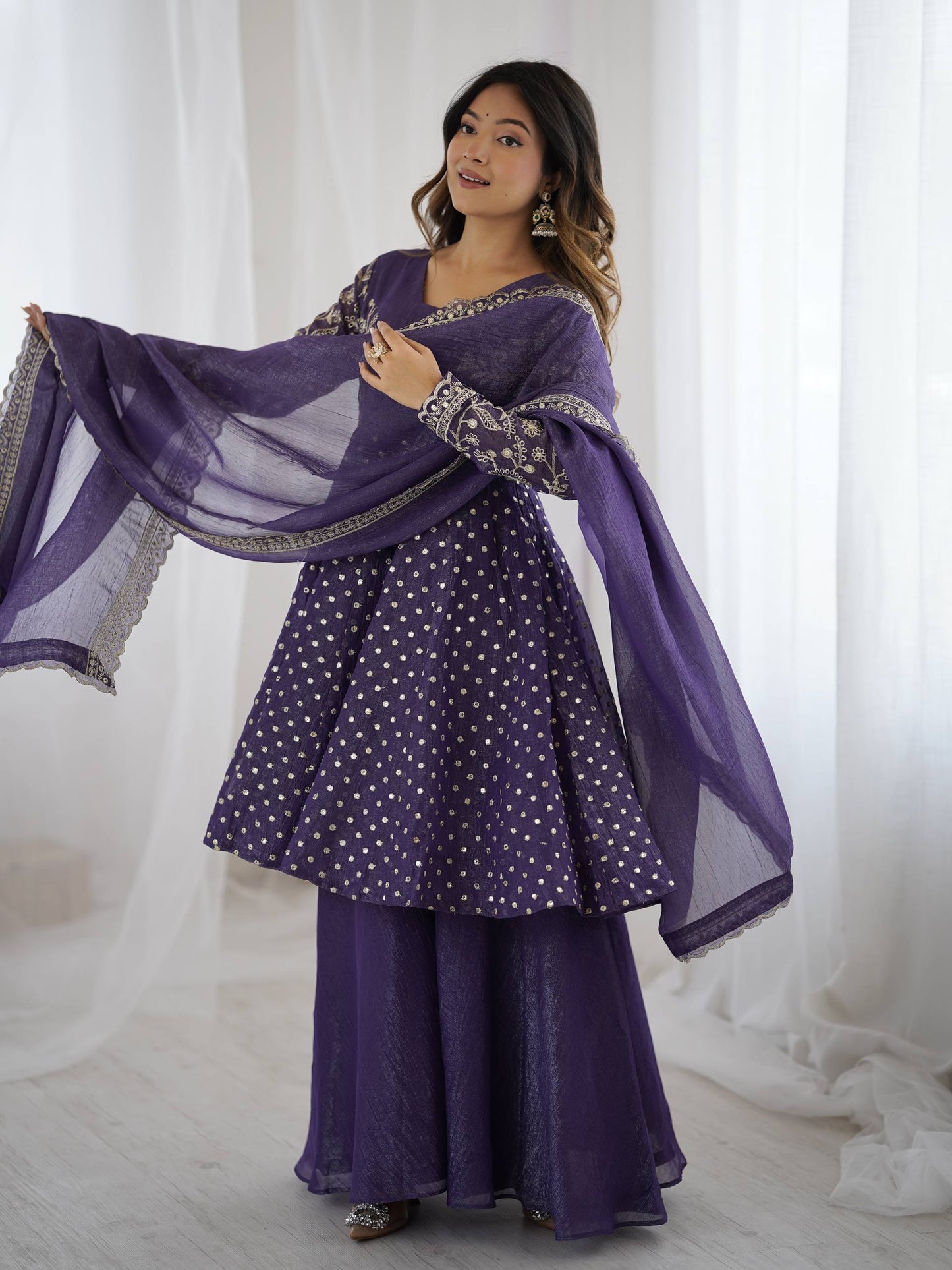 Navy blue crunchy silk embroidery sequence work fully stitched & ready to wear