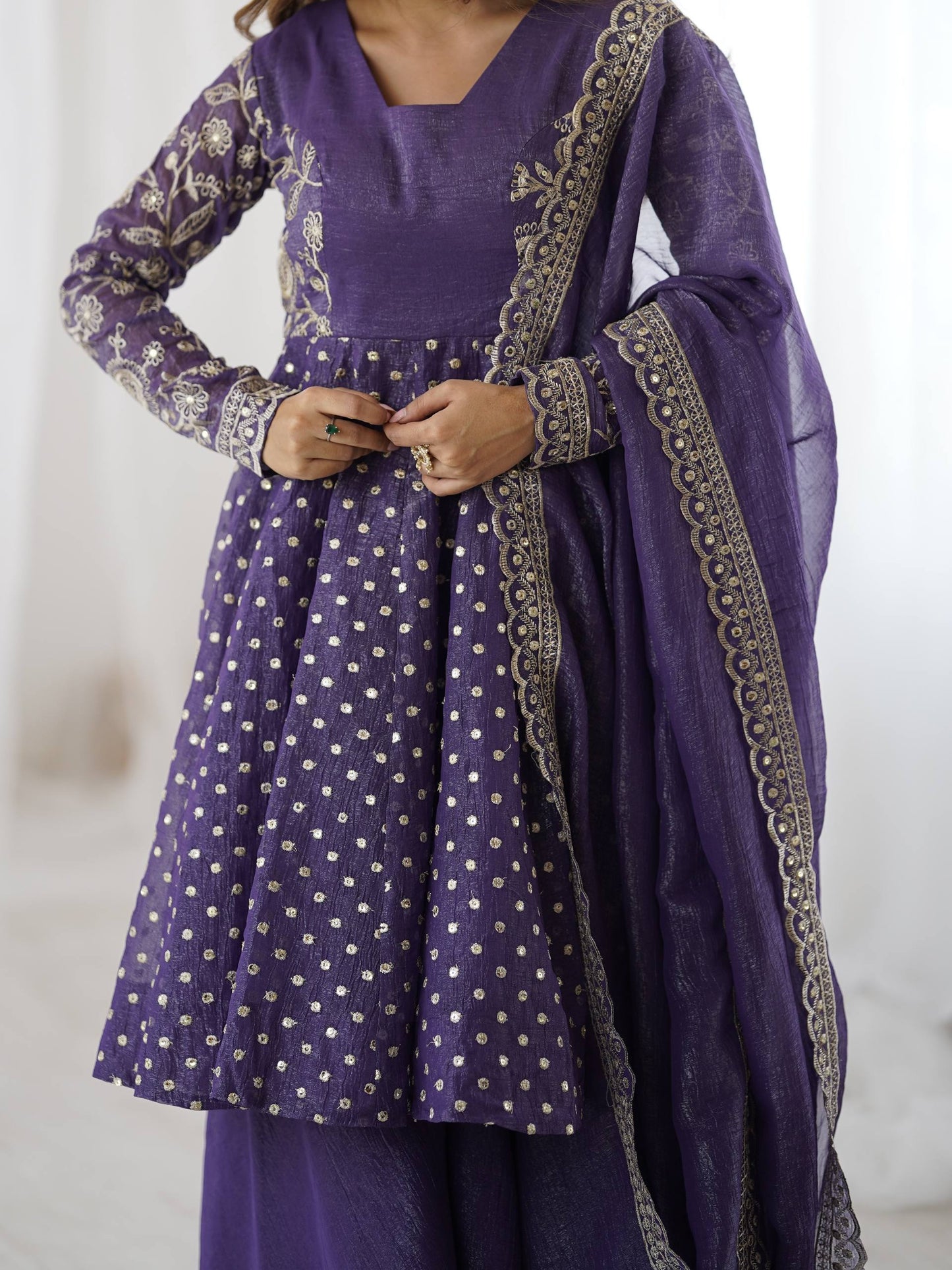 Navy blue crunchy silk embroidery sequence work fully stitched & ready to wear