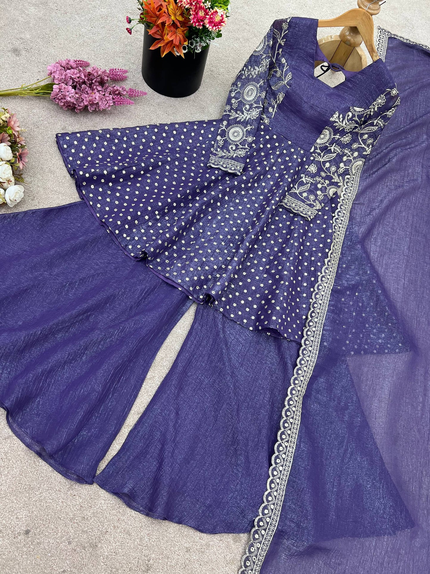 Navy blue crunchy silk embroidery sequence work fully stitched & ready to wear