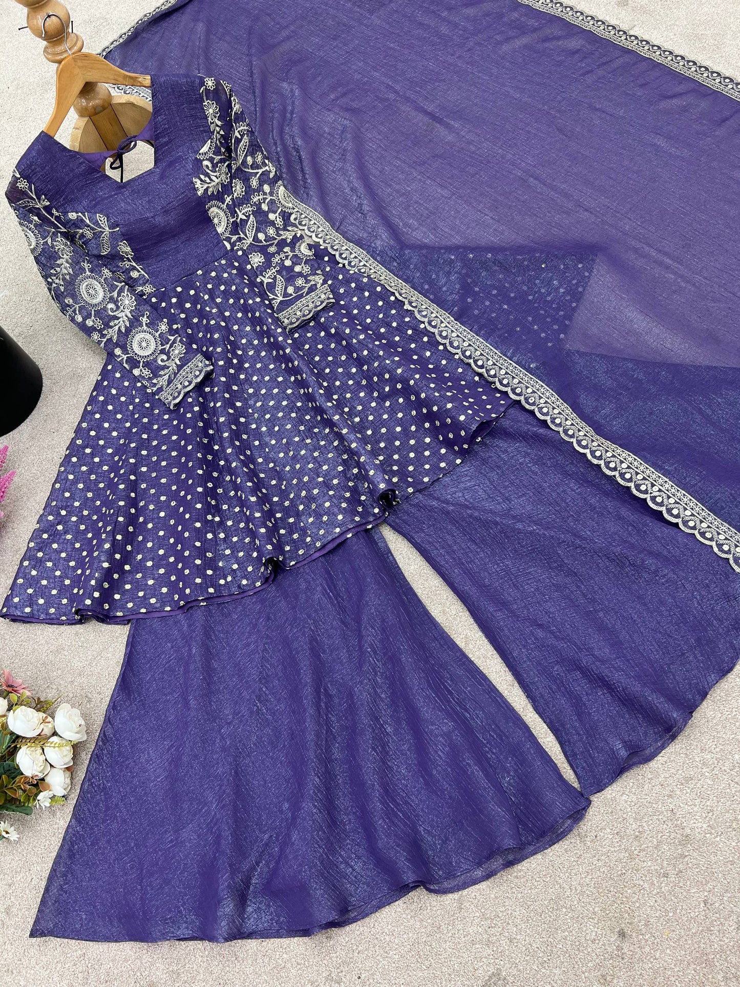 Navy blue crunchy silk embroidery sequence work fully stitched & ready to wear
