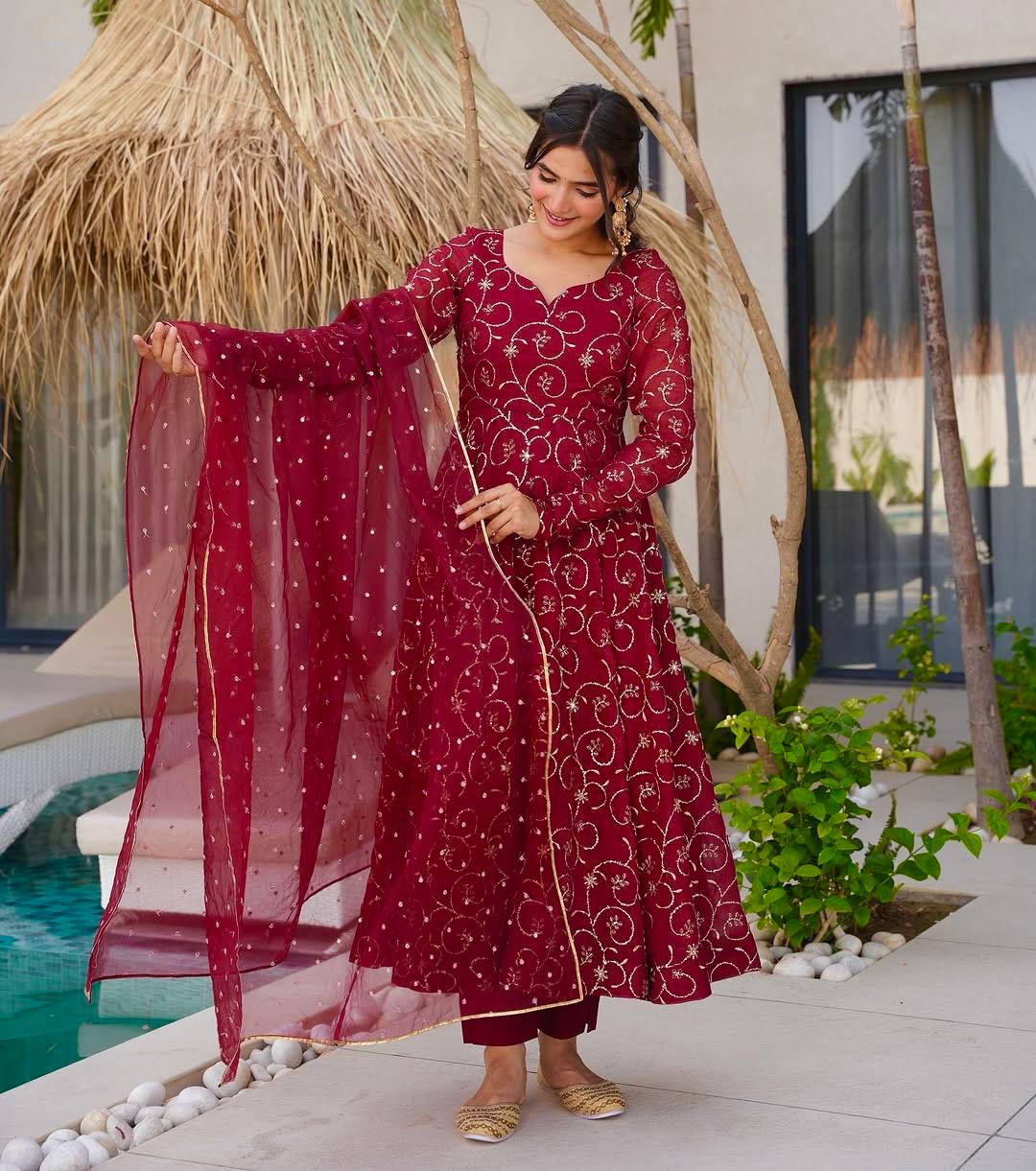 Red georgette with embroidery sequence work women’s Ethnic anarkali gown
