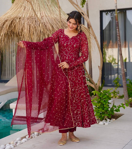 Red georgette with embroidery sequence work women’s Ethnic anarkali gown