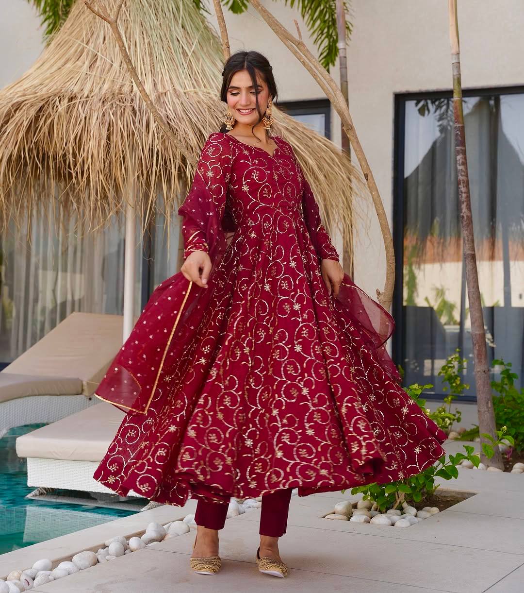 Red georgette with embroidery sequence work women’s Ethnic anarkali gown