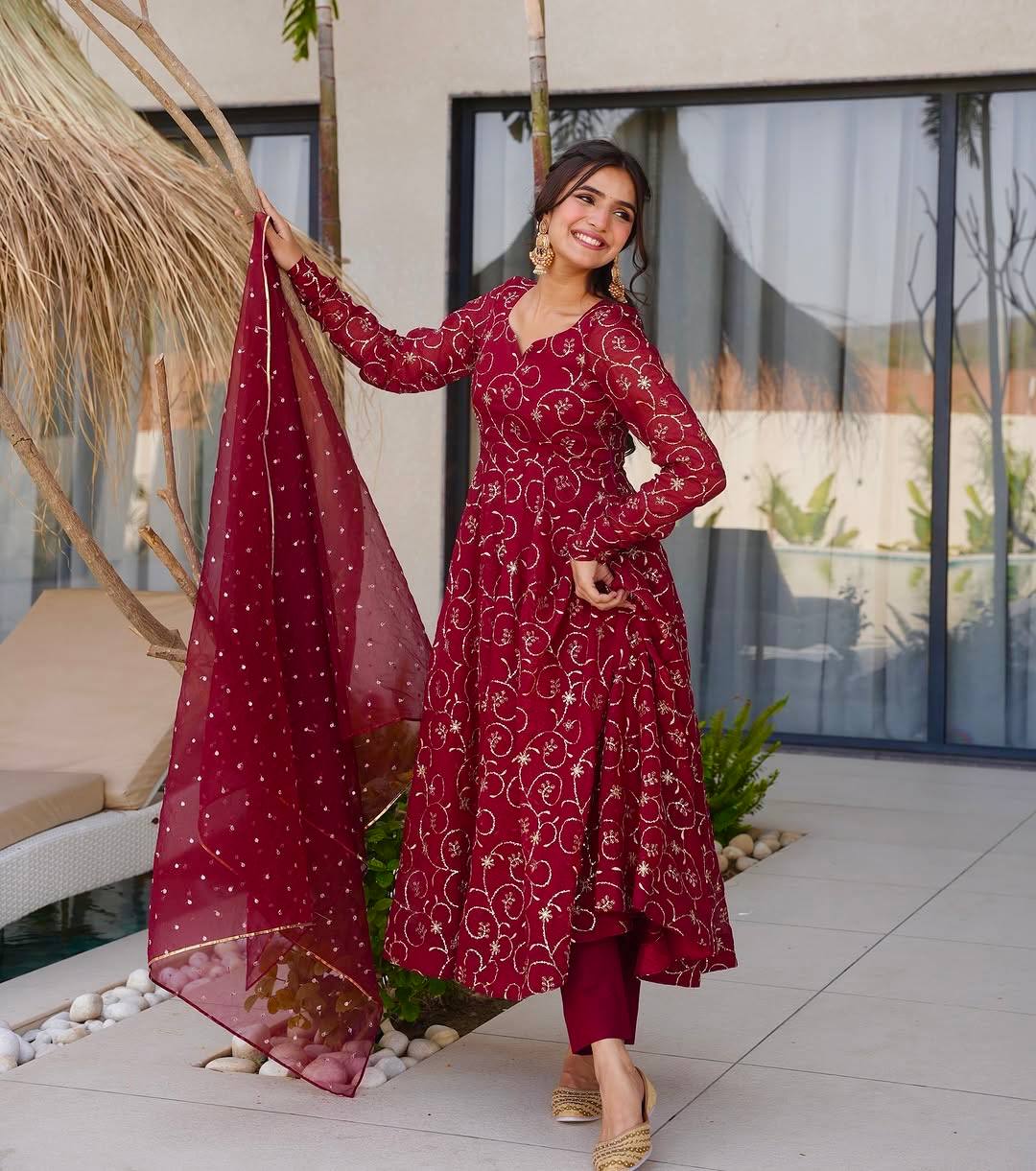 Red georgette with embroidery sequence work women’s Ethnic anarkali gown