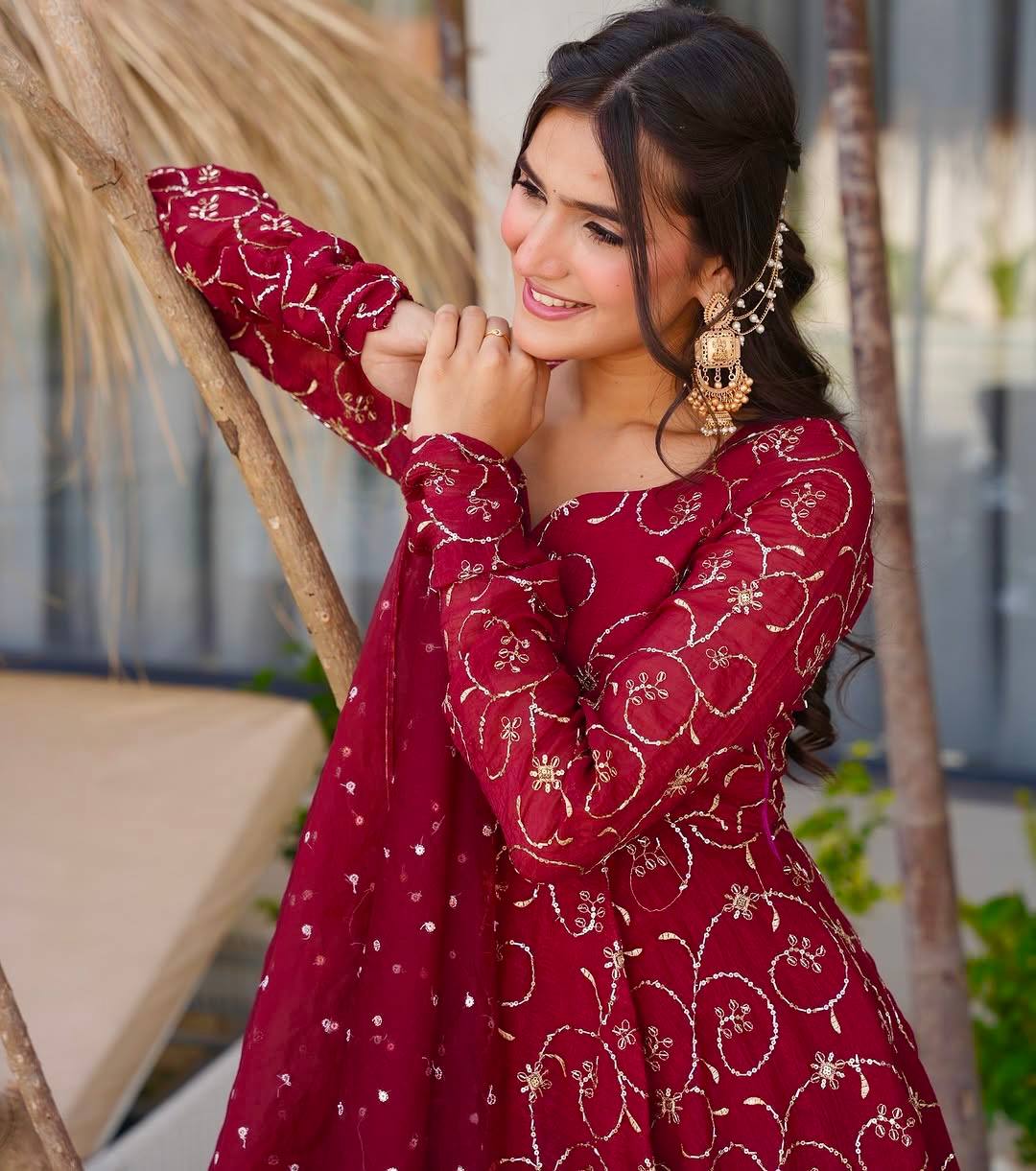Red georgette with embroidery sequence work women’s Ethnic anarkali gown