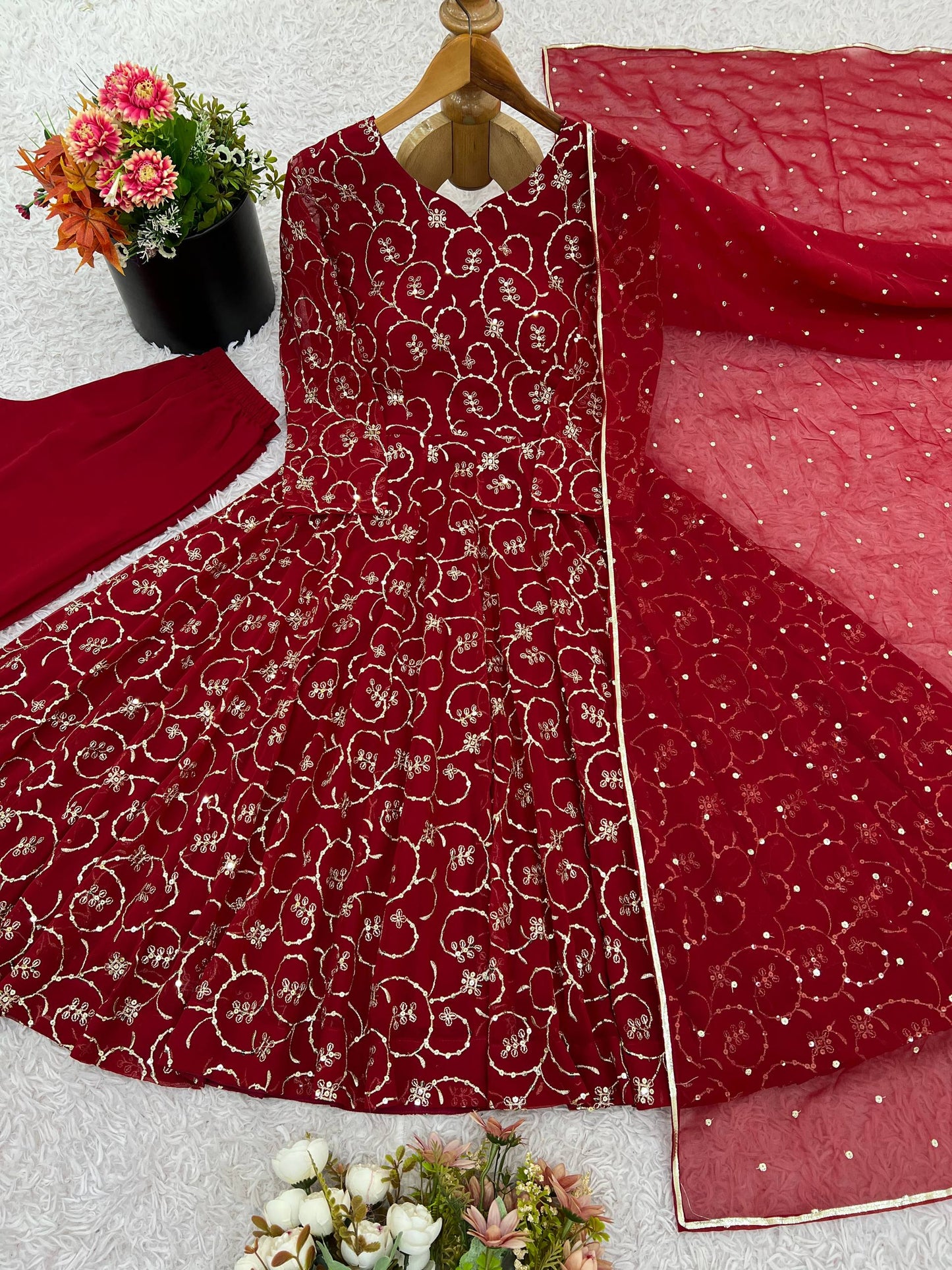 Red georgette with embroidery sequence work women’s Ethnic anarkali gown