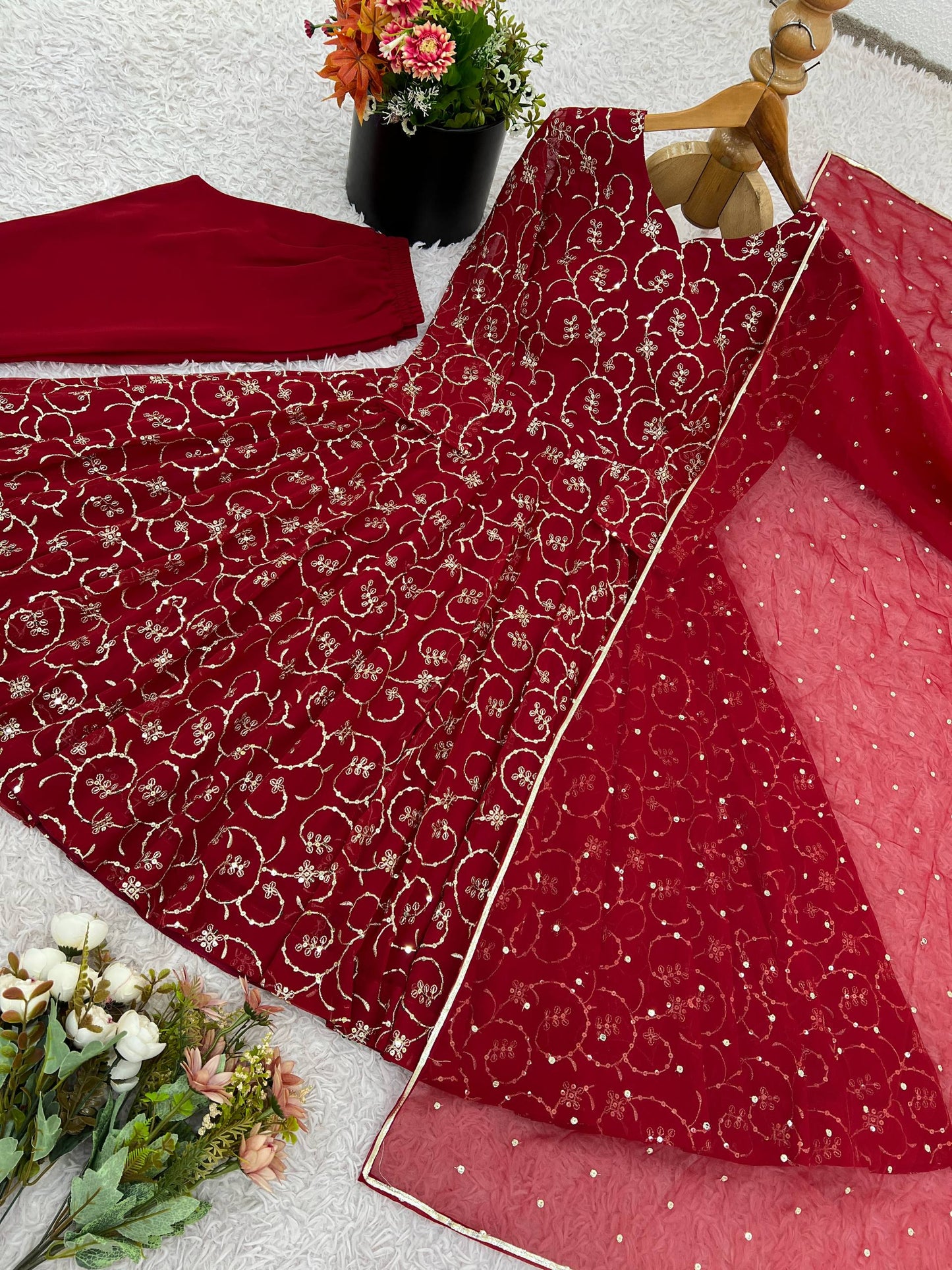 Red georgette with embroidery sequence work women’s Ethnic anarkali gown