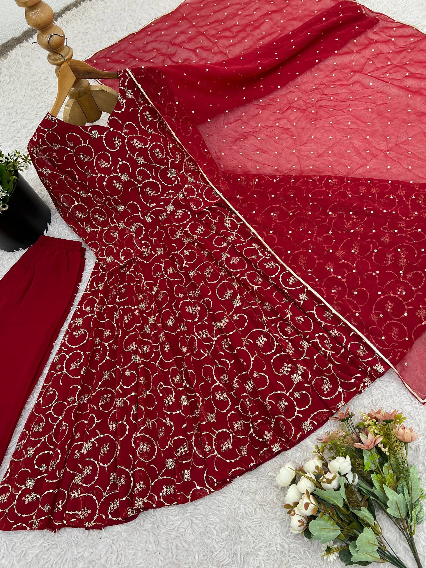 Red georgette with embroidery sequence work women’s Ethnic anarkali gown