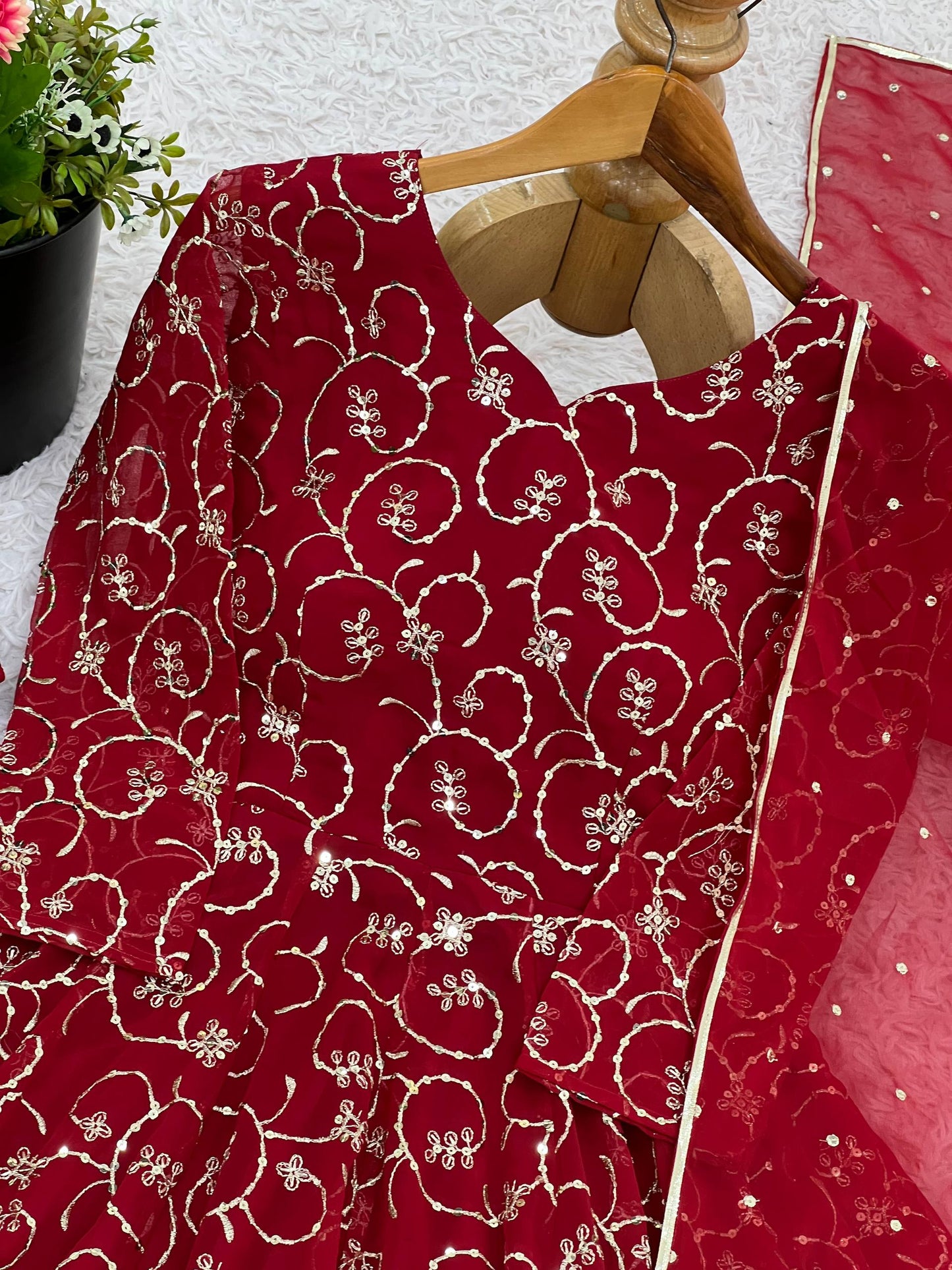 Red georgette with embroidery sequence work women’s Ethnic anarkali gown
