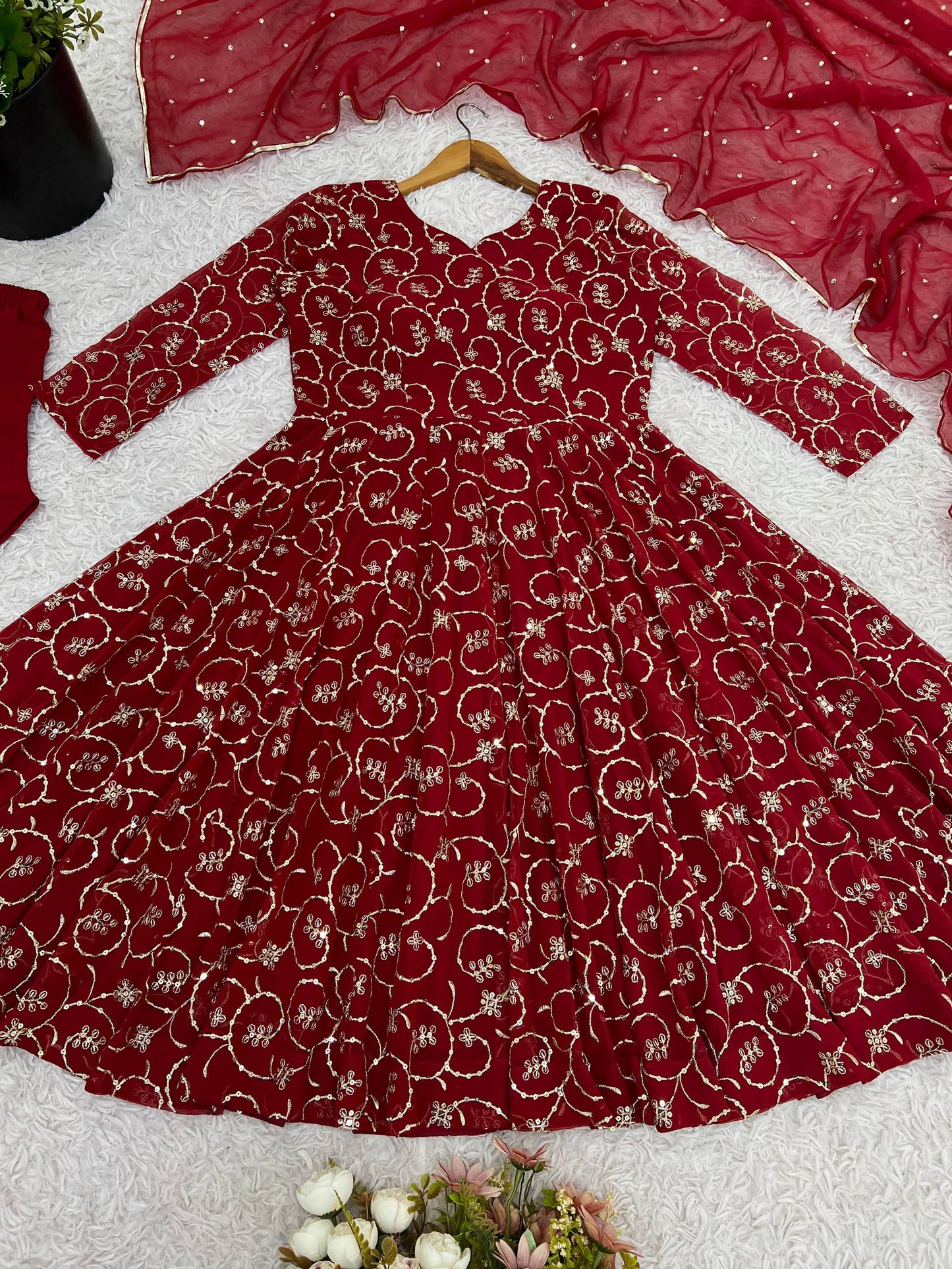 Red georgette with embroidery sequence work women’s Ethnic anarkali gown