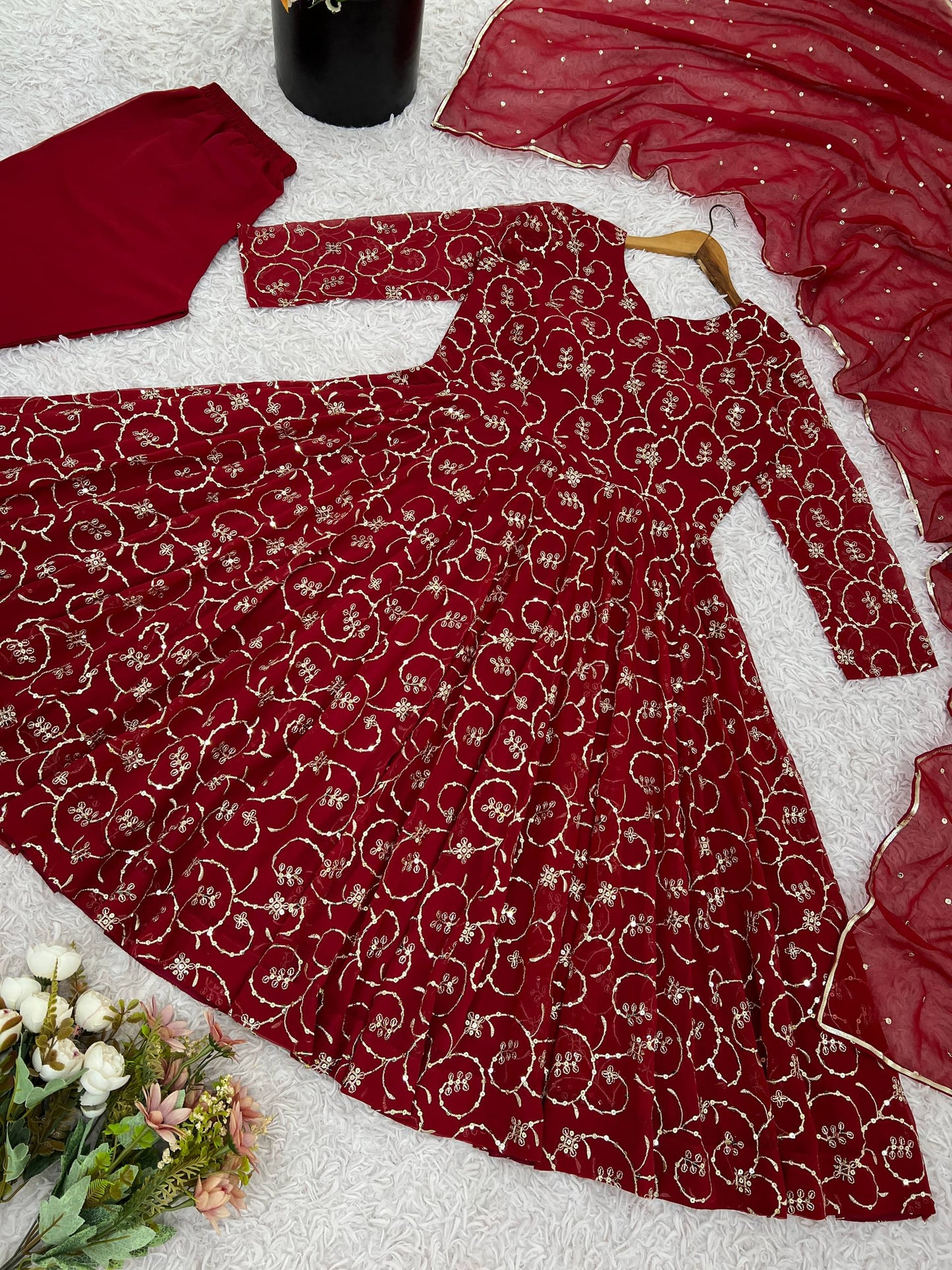 Red georgette with embroidery sequence work women’s Ethnic anarkali gown