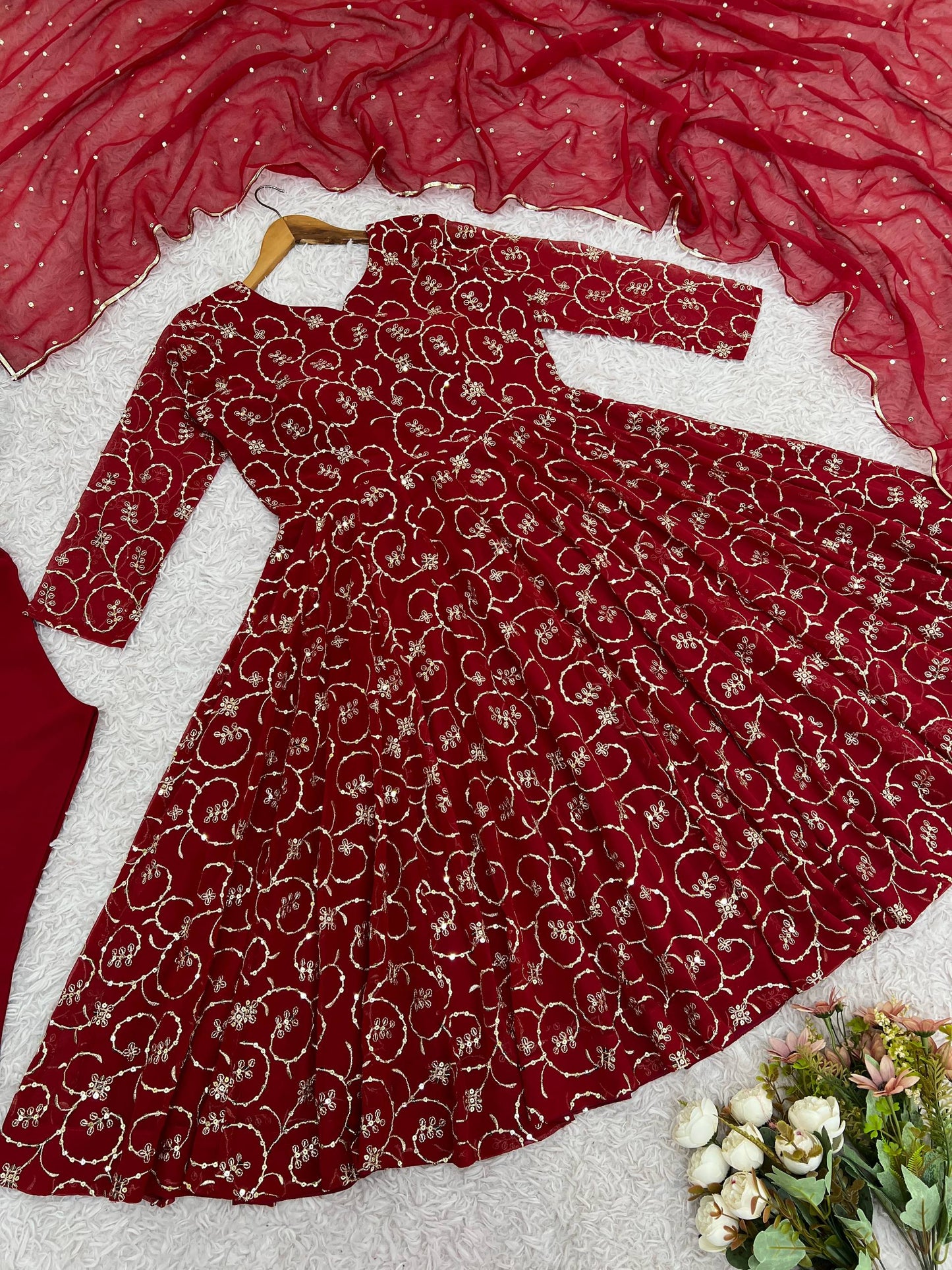 Red georgette with embroidery sequence work women’s Ethnic anarkali gown