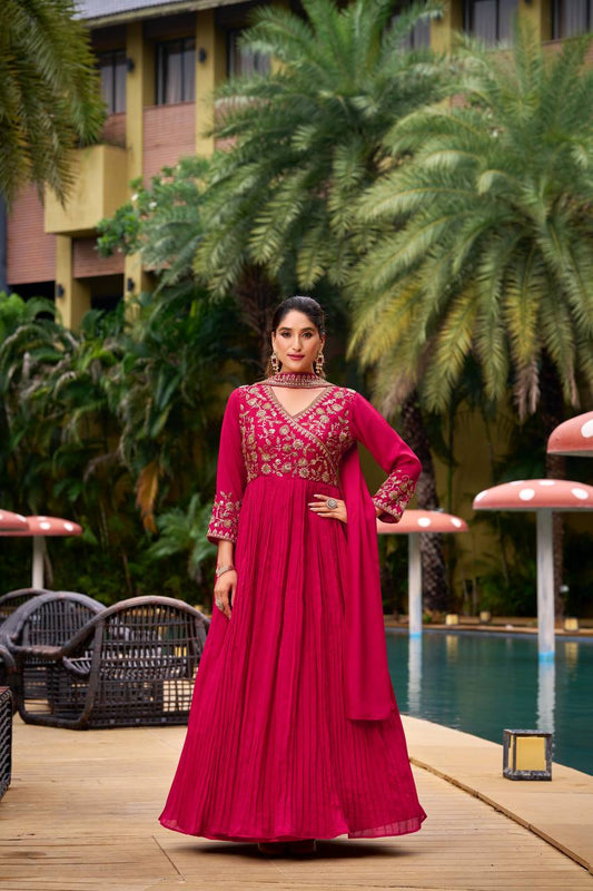 Red georgette sequence embroidery work kurti, pant and dupatta set