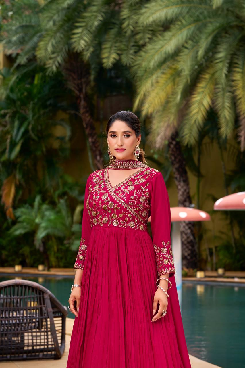Red georgette sequence embroidery work kurti, pant and dupatta set