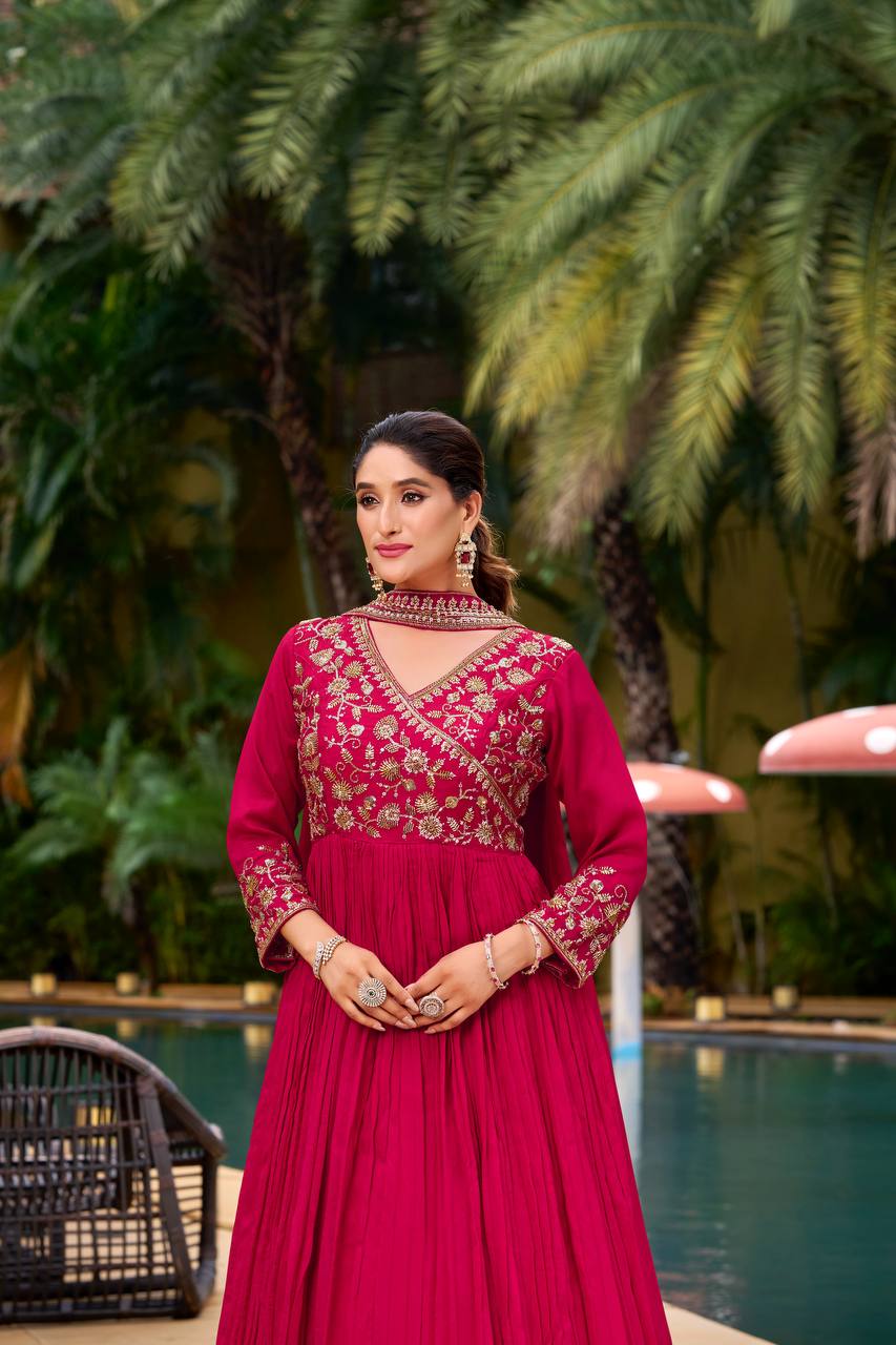 Red georgette sequence embroidery work kurti, pant and dupatta set