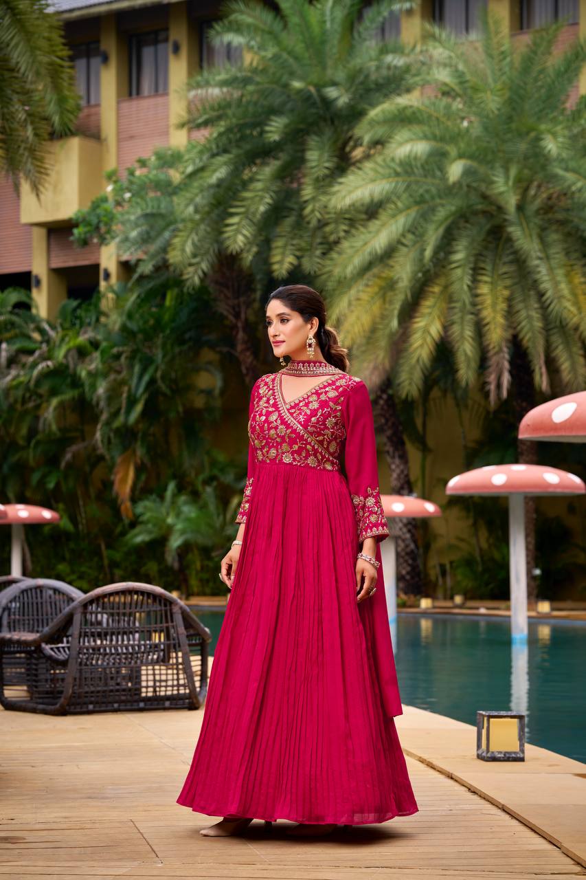 Red georgette sequence embroidery work kurti, pant and dupatta set