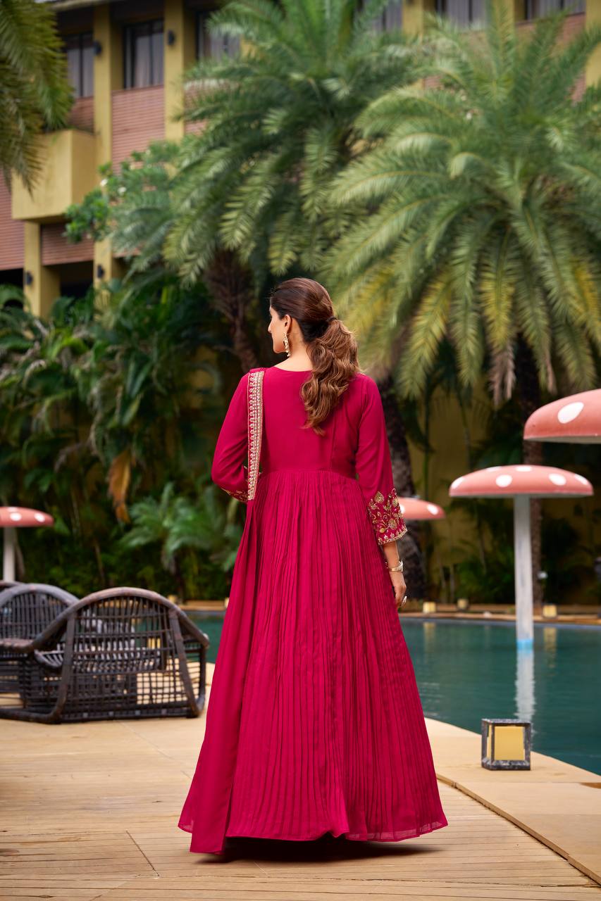 Red georgette sequence embroidery work kurti, pant and dupatta set