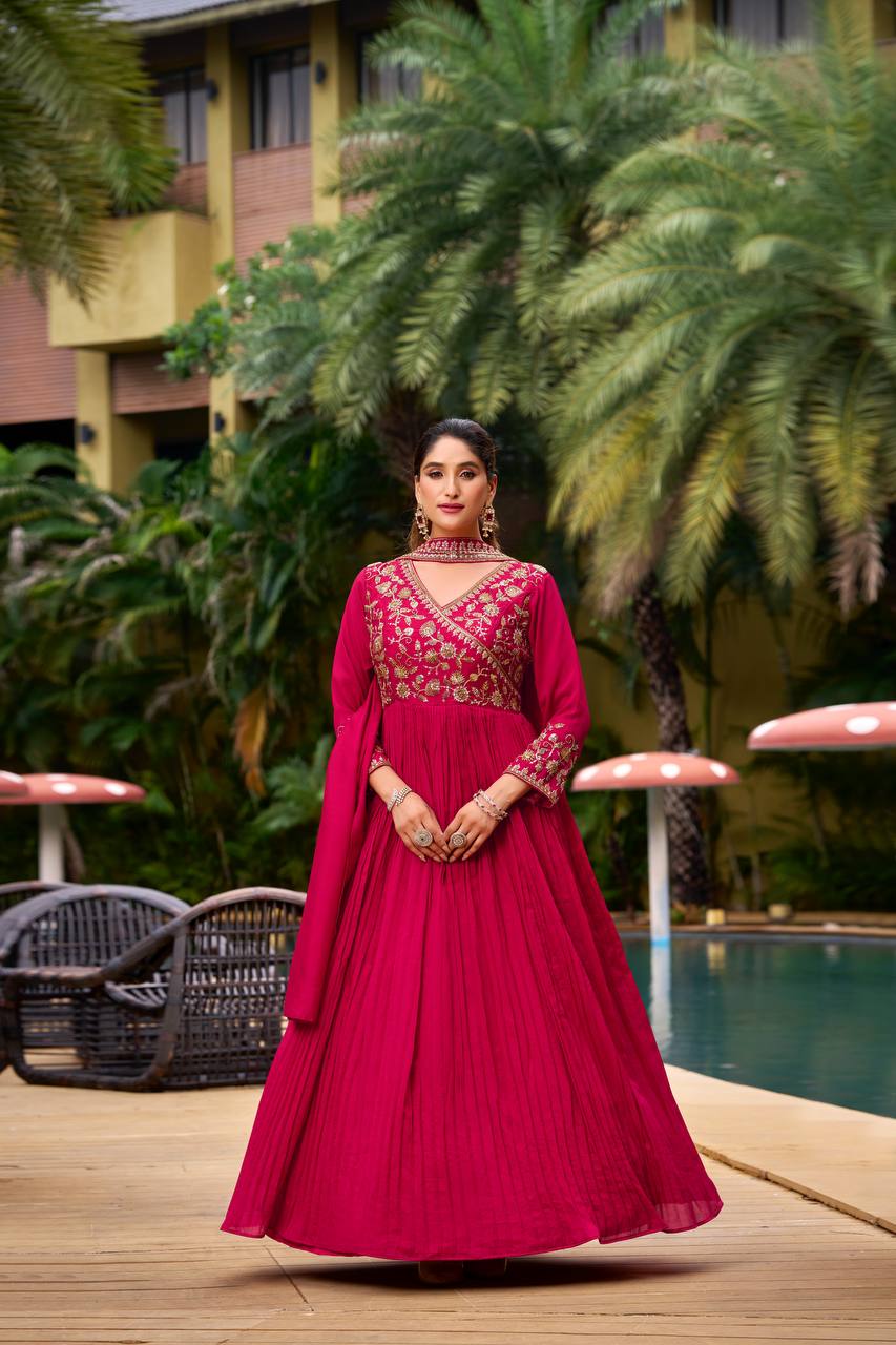Red georgette sequence embroidery work kurti, pant and dupatta set