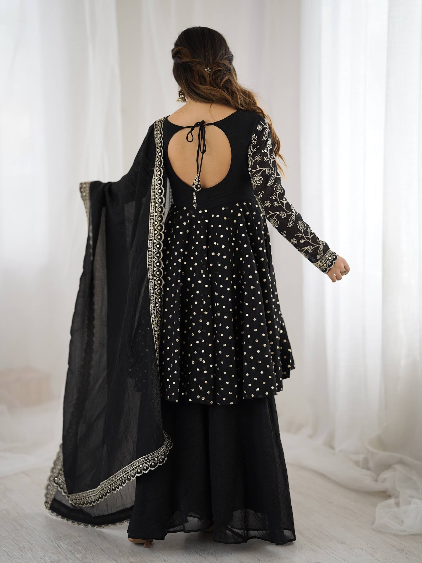 Black crunchy silk embroidery sequence work fully stitched & ready to wear