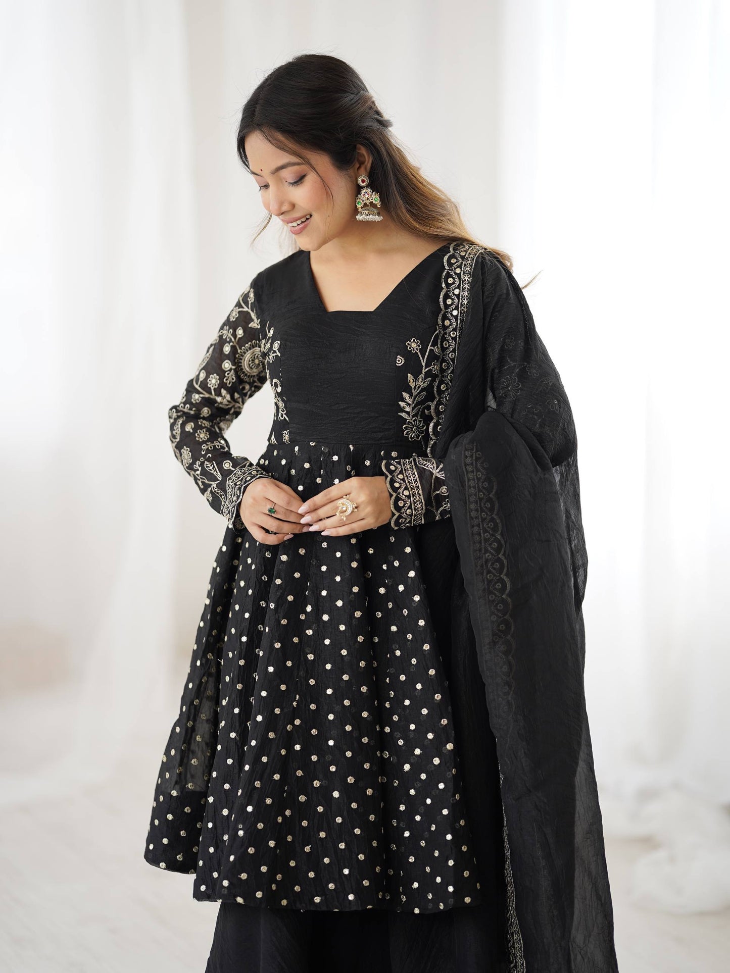 Black crunchy silk embroidery sequence work fully stitched & ready to wear