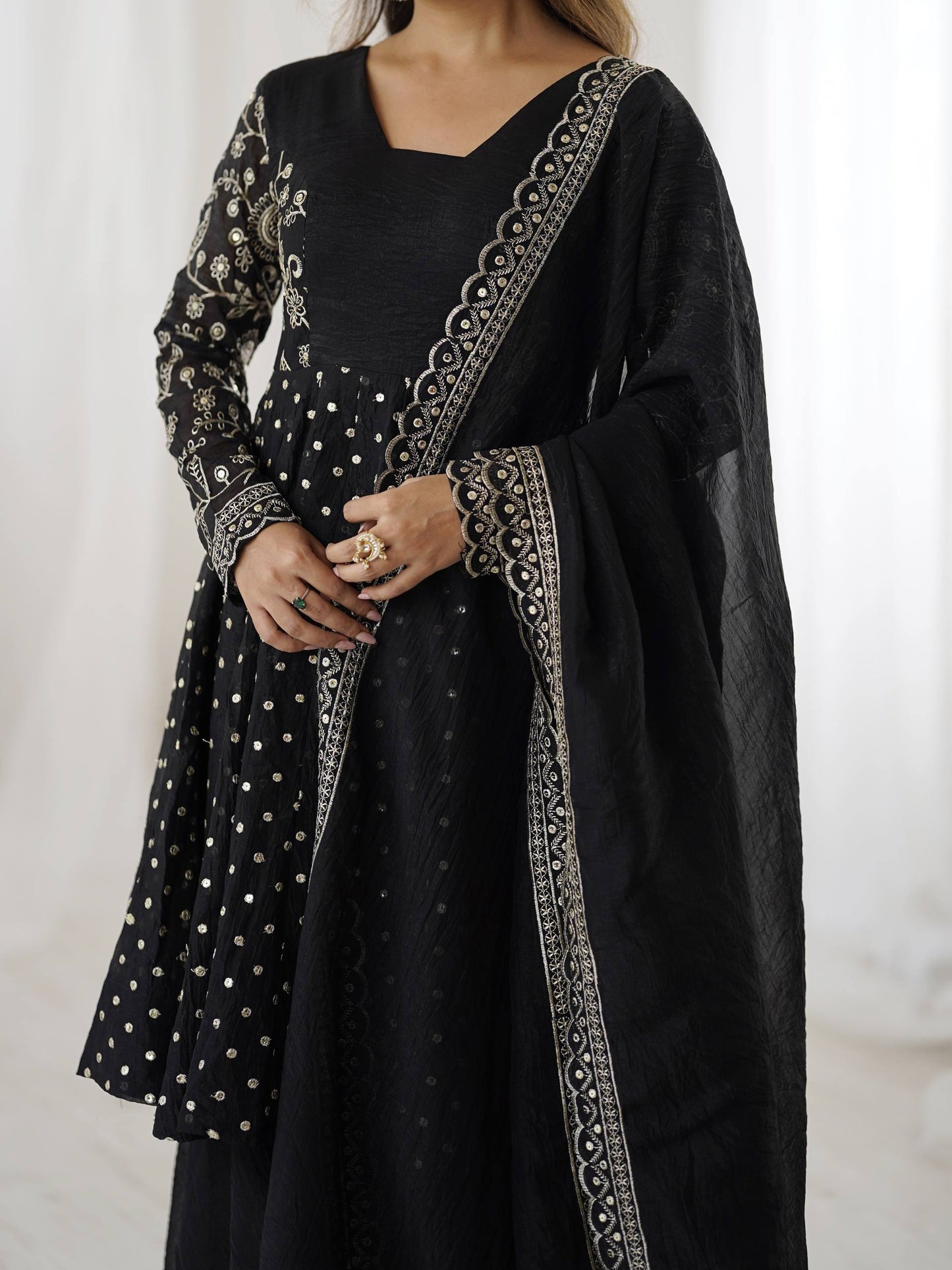 Black crunchy silk embroidery sequence work fully stitched & ready to wear