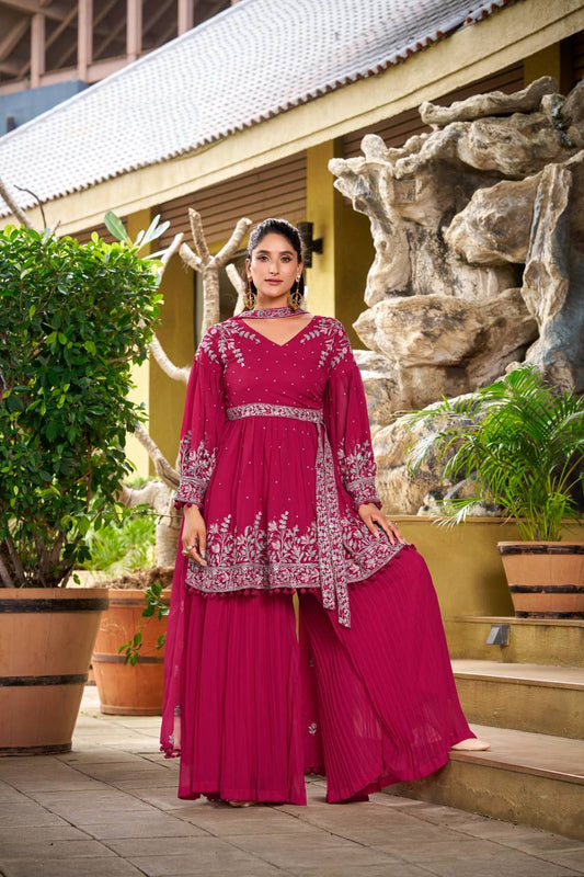 Pink georgette embroidery work kurti palazzo and dupatta set