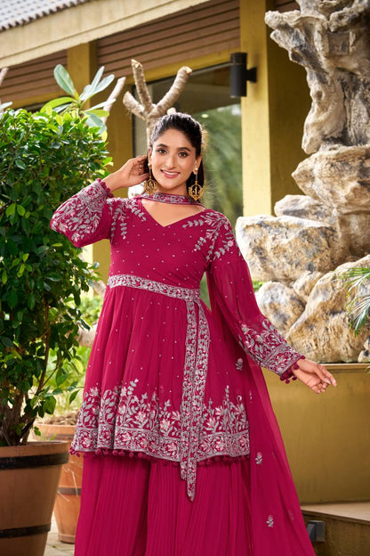 Pink georgette embroidery work kurti palazzo and dupatta set