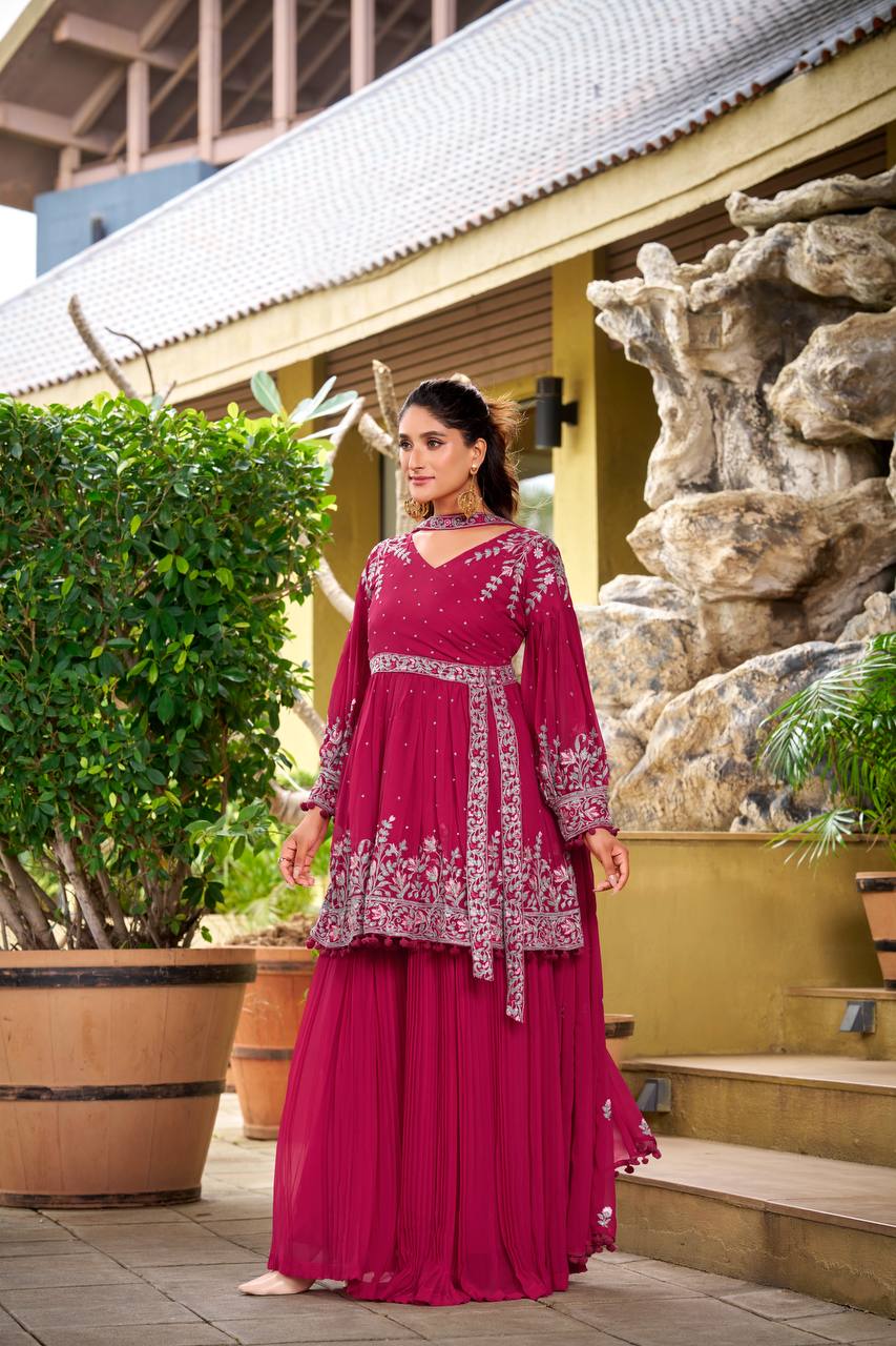 Pink georgette embroidery work kurti palazzo and dupatta set