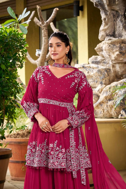 Pink georgette embroidery work kurti palazzo and dupatta set