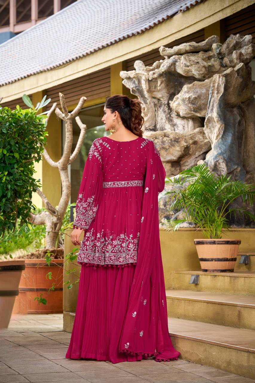 Pink georgette embroidery work kurti palazzo and dupatta set