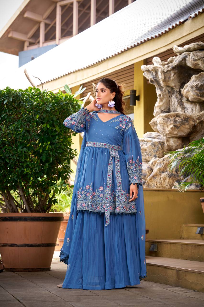 Blue georgette embroidery work kurti palazzo and dupatta set