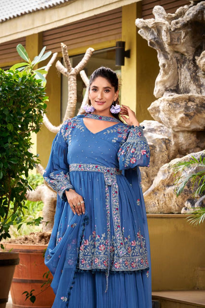 Blue georgette embroidery work kurti palazzo and dupatta set