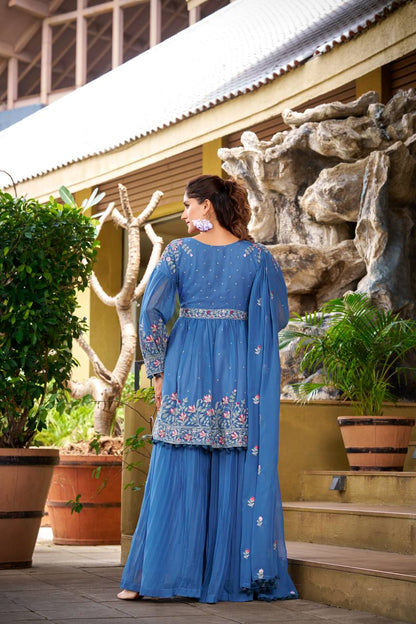 Blue georgette embroidery work kurti palazzo and dupatta set