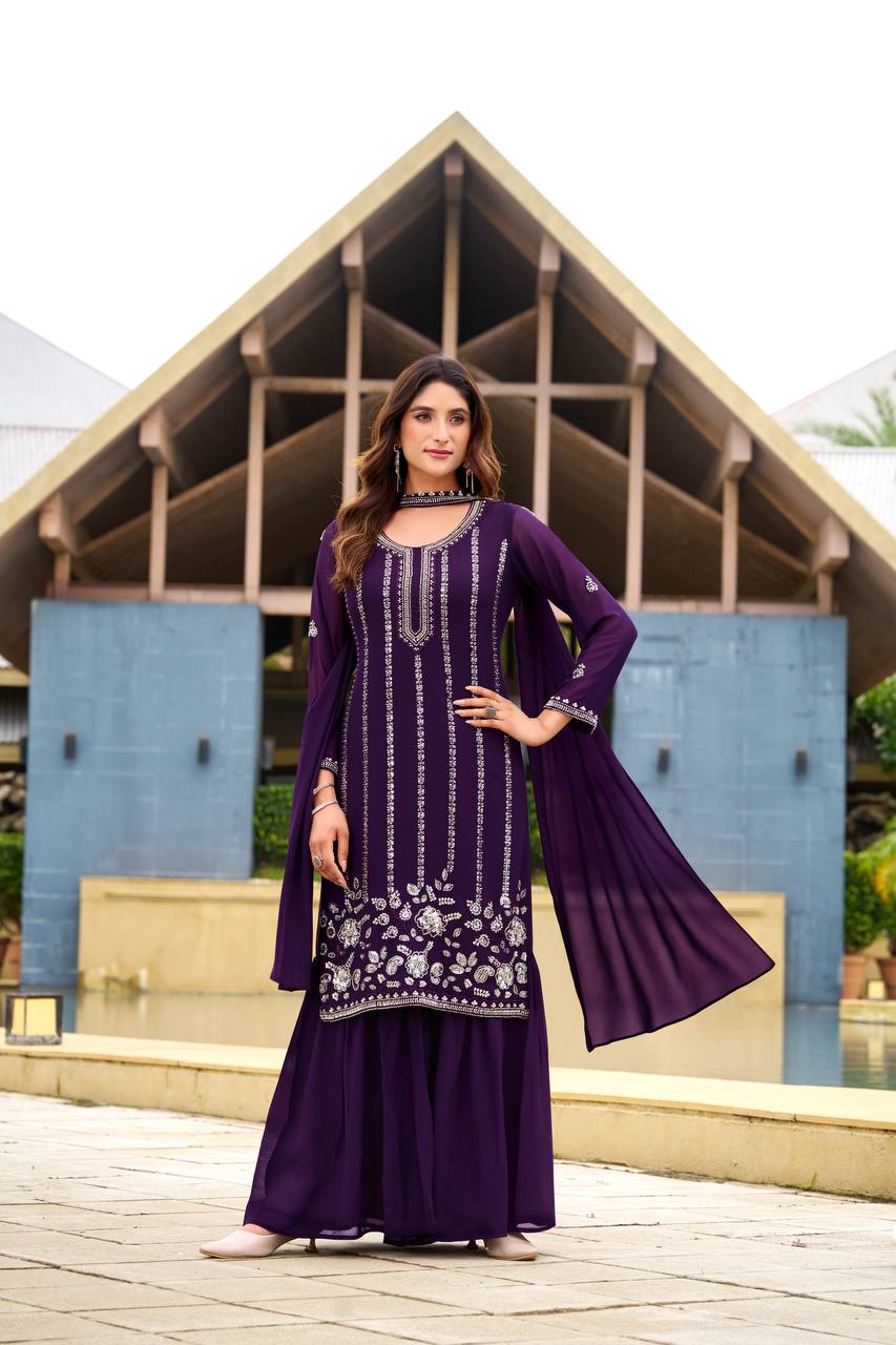 Pink georgette sequence embroidery work top sharara and dupatta