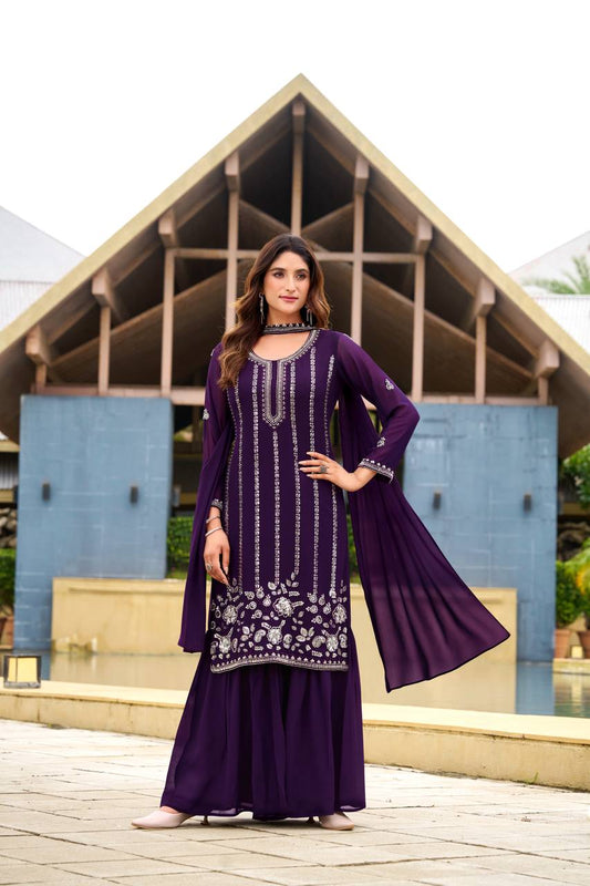Pink georgette sequence embroidery work top sharara and dupatta