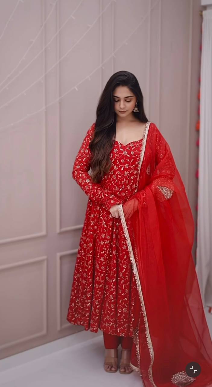 Red heavy blooming georgette with heavy embroidery Anarkali Gown