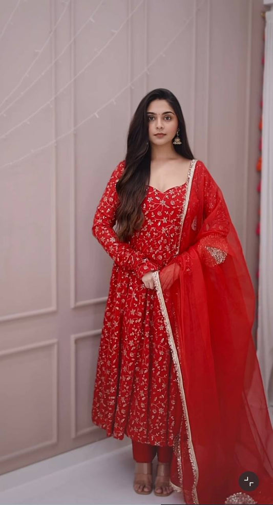 Red heavy blooming georgette with heavy embroidery Anarkali Gown