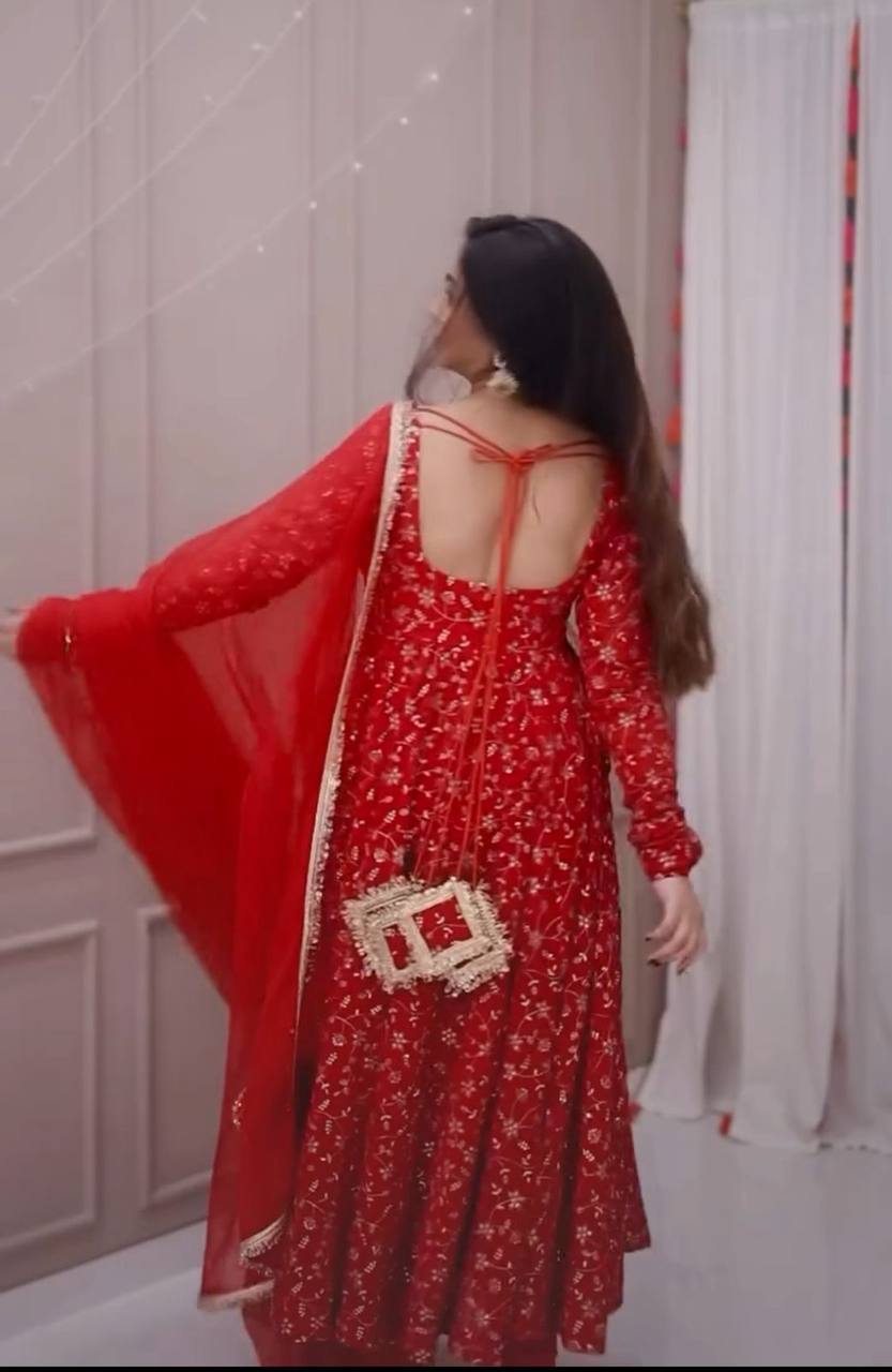 Red heavy blooming georgette with heavy embroidery Anarkali Gown