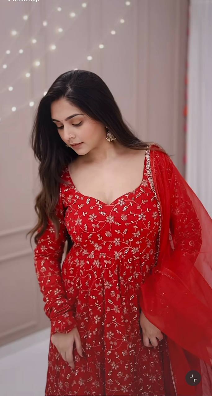 Red heavy blooming georgette with heavy embroidery Anarkali Gown