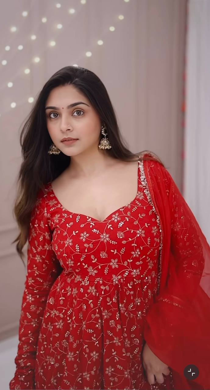 Red heavy blooming georgette with heavy embroidery Anarkali Gown