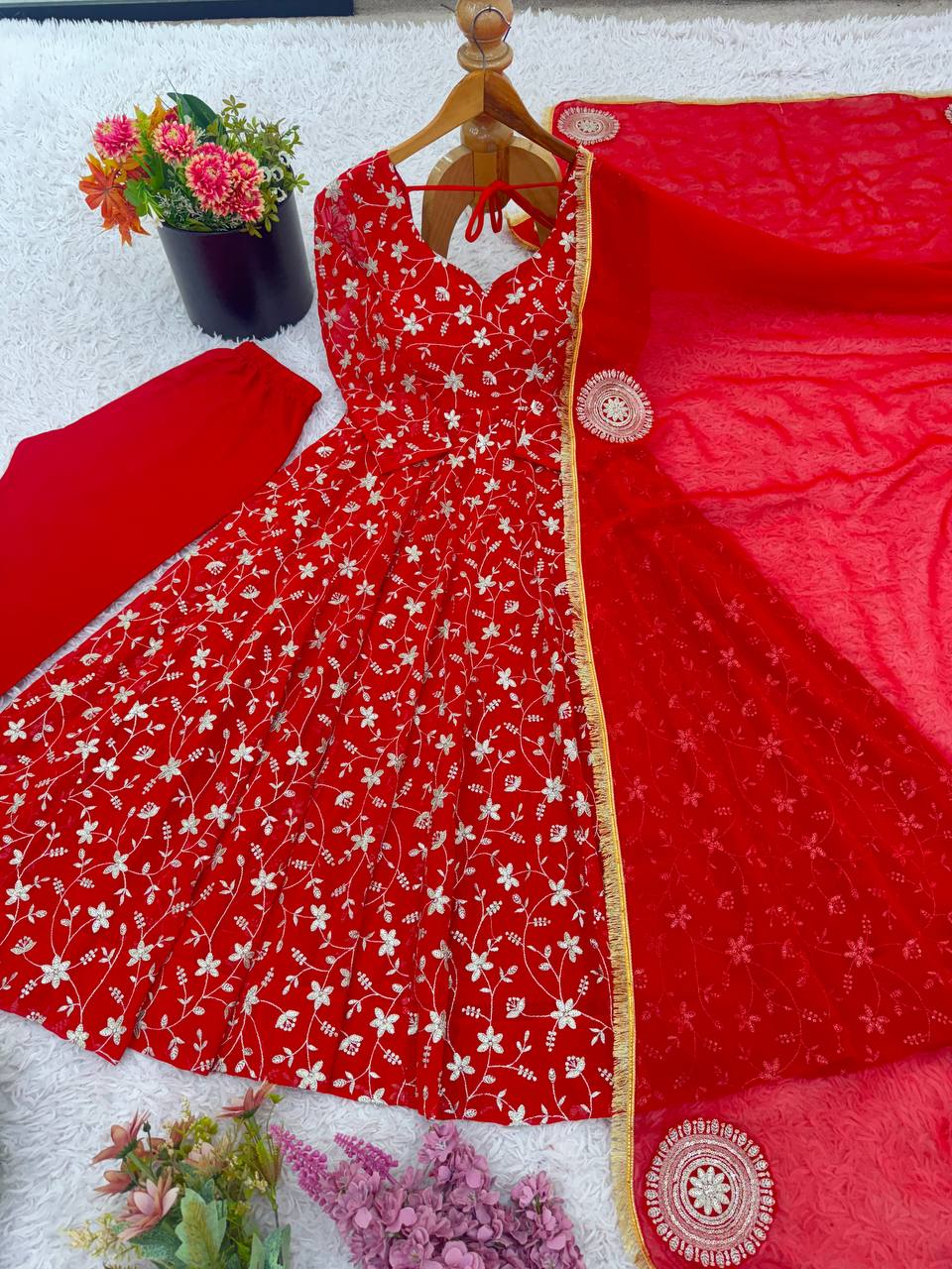 Red heavy blooming georgette with heavy embroidery Anarkali Gown